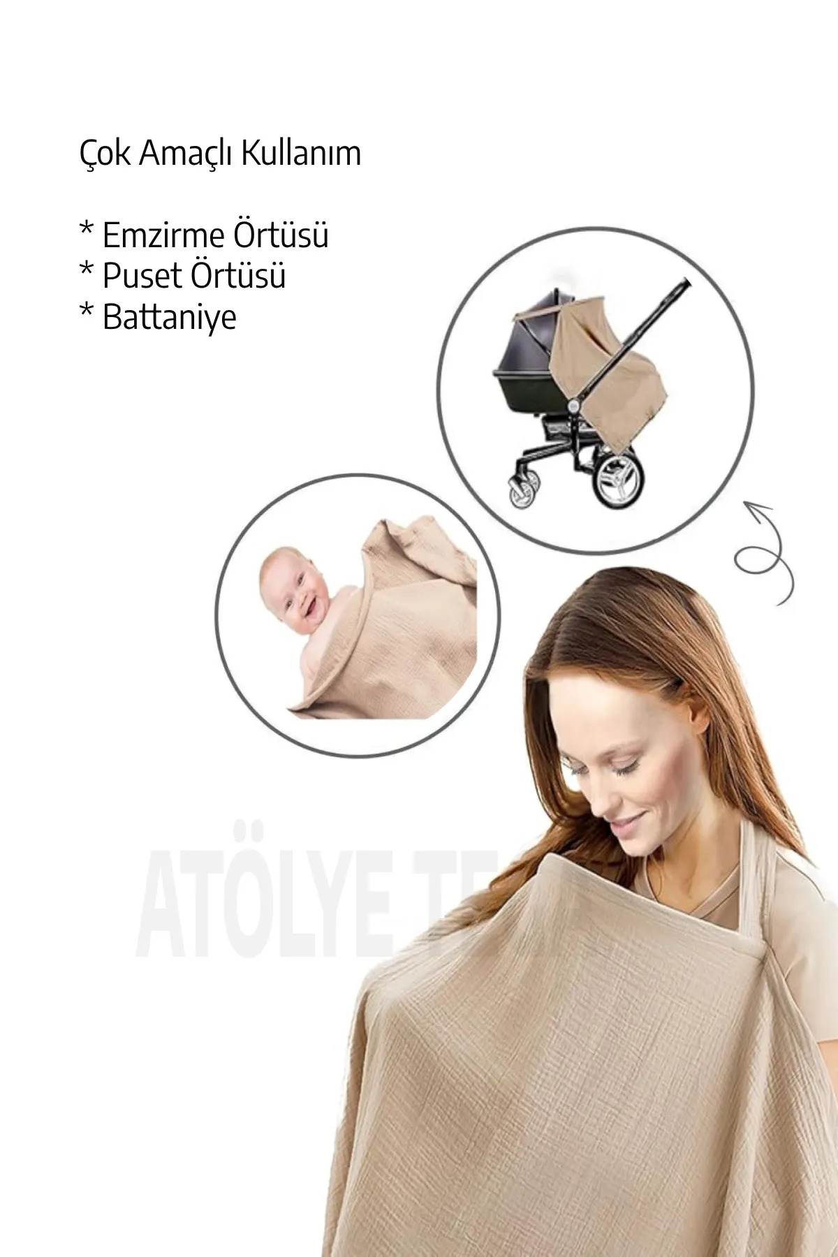 TEGA 100% Pamuklu Organik 2 Katlı Balenli Müslin Emzirme Önlüğü – 65x100 cm, Nefes Alabilir fotoğrafı 2 (önizleme)