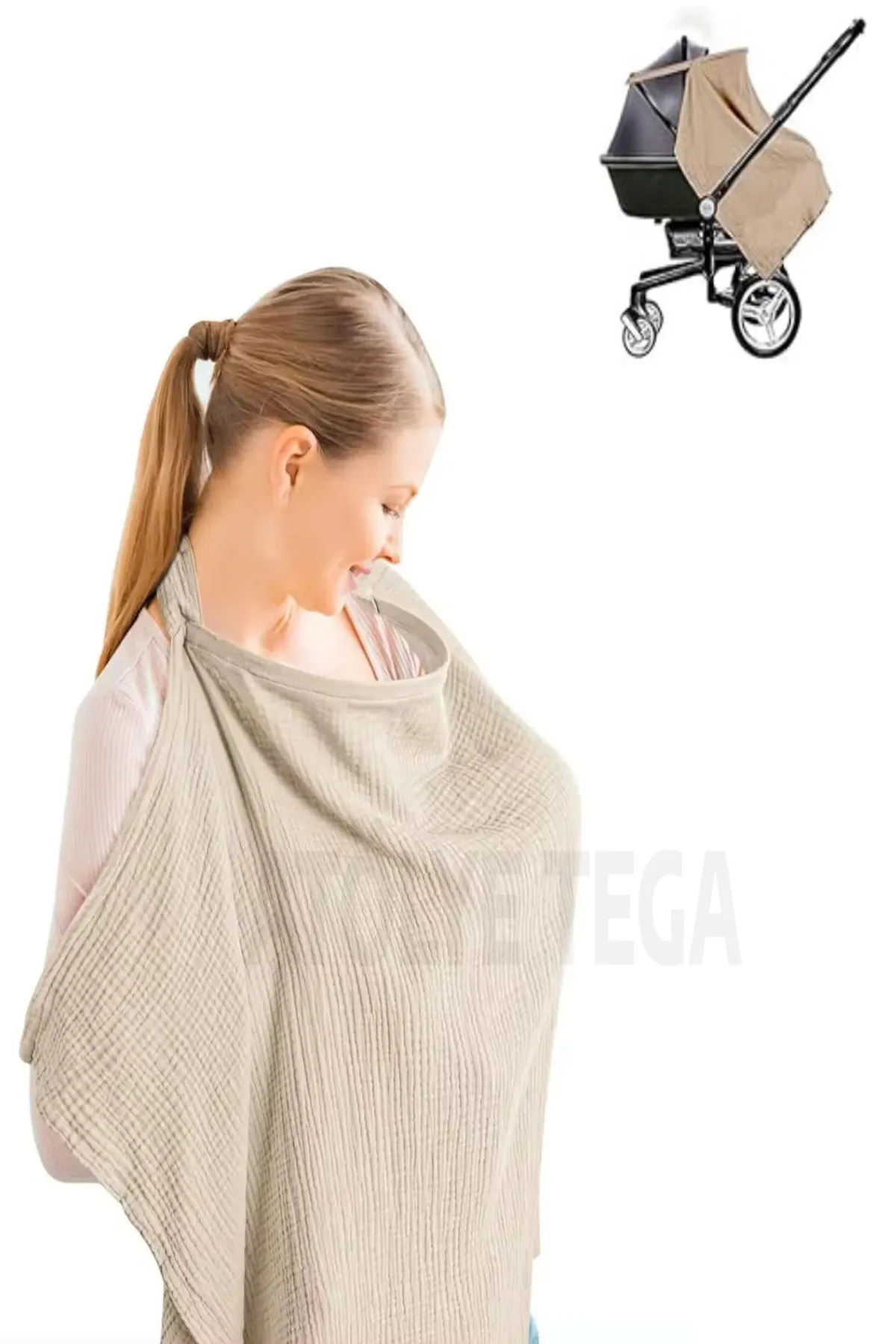 TEGA 100% Pamuklu Organik 2 Katlı Balenli Müslin Emzirme Önlüğü – 65x100 cm, Nefes Alabilir fotoğrafı 4 (önizleme)