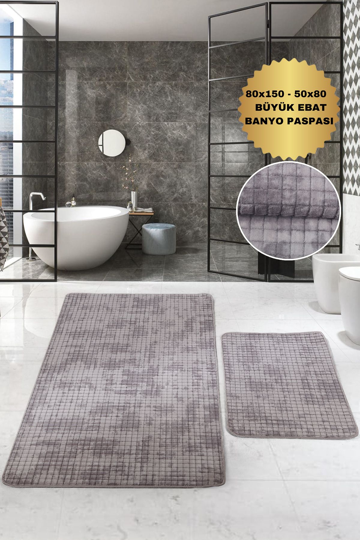 Bestekar LuxSquare Gri Büyük Boy Kaymaz Tabanlı Yıkanabilir Emici Yumuşak İkili Banyo Paspas Takımı