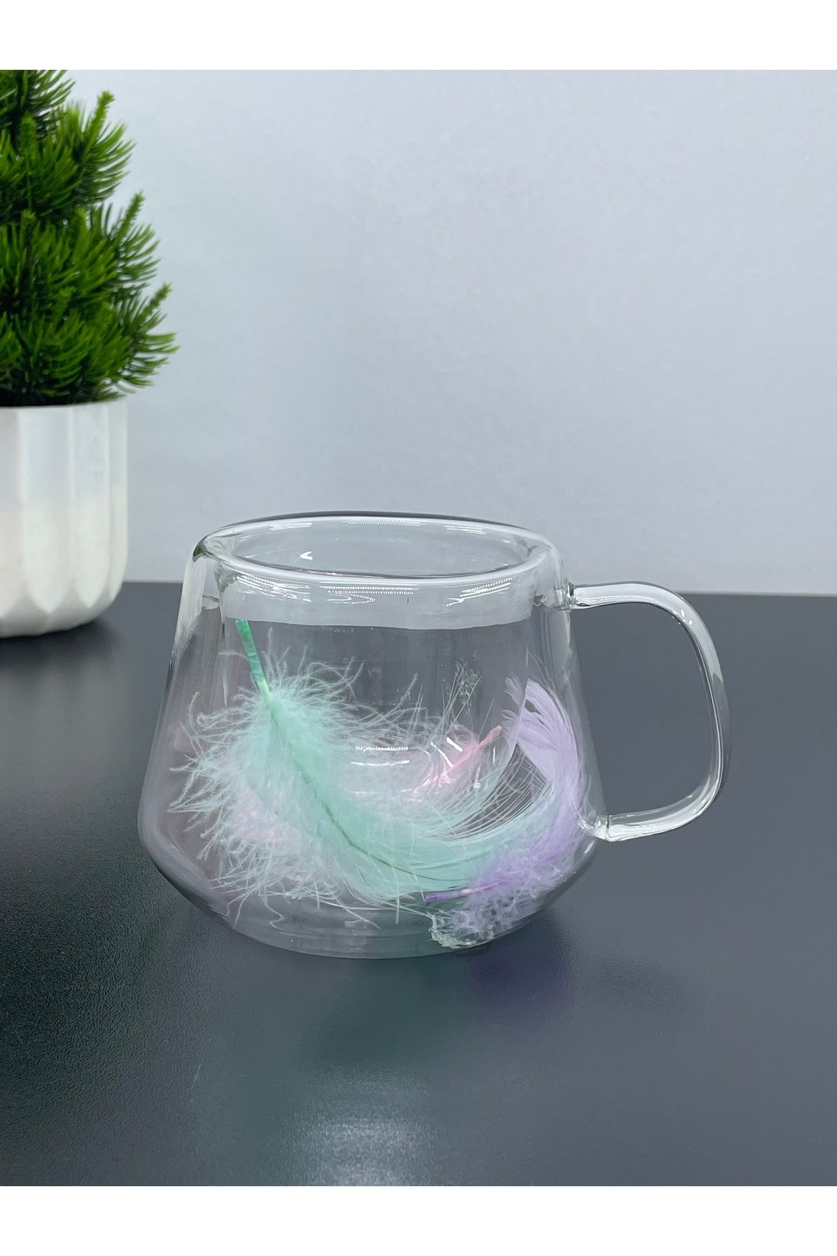YzHome Tekli Çift Cidarlı Cam Kulplu Tüylü Kupa Bardak 200 ml