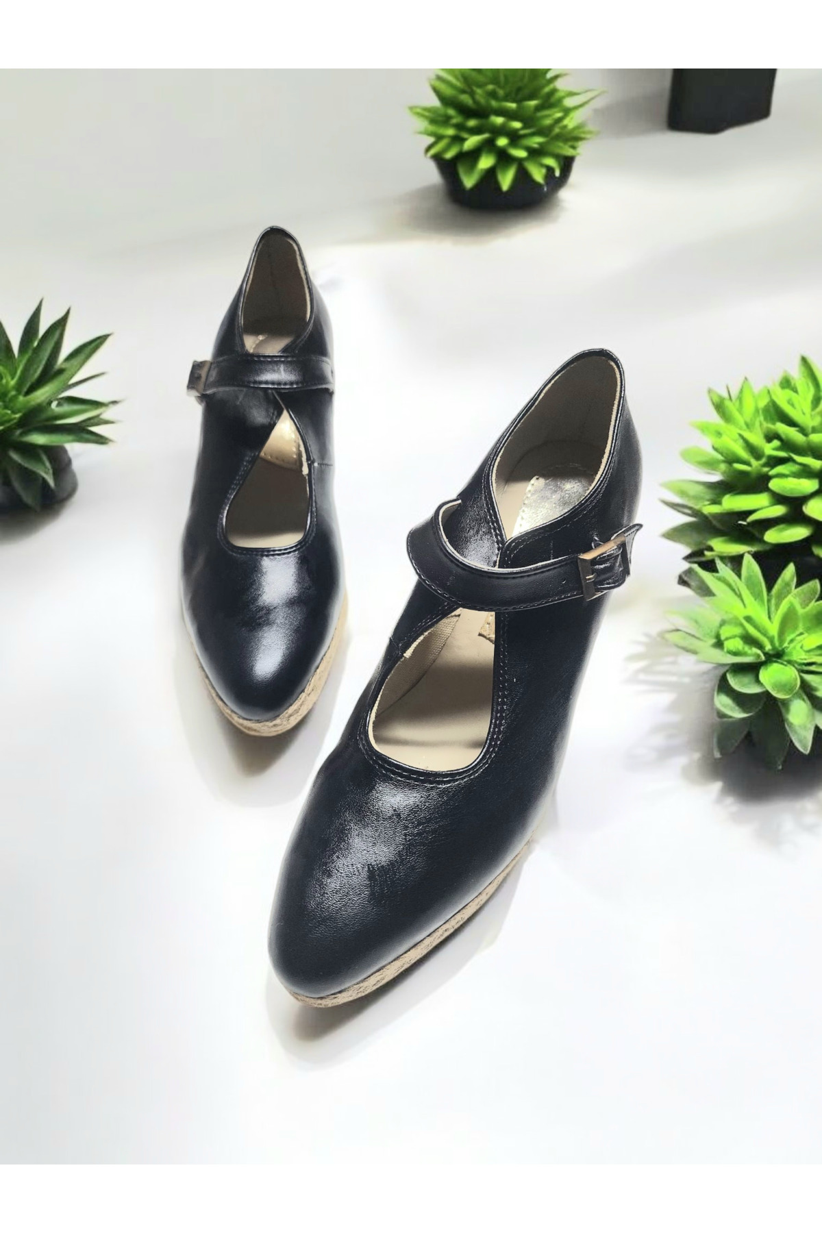 GokceKundura06 Dolgu Topuk Hasır Tokalı Balerin Espadril