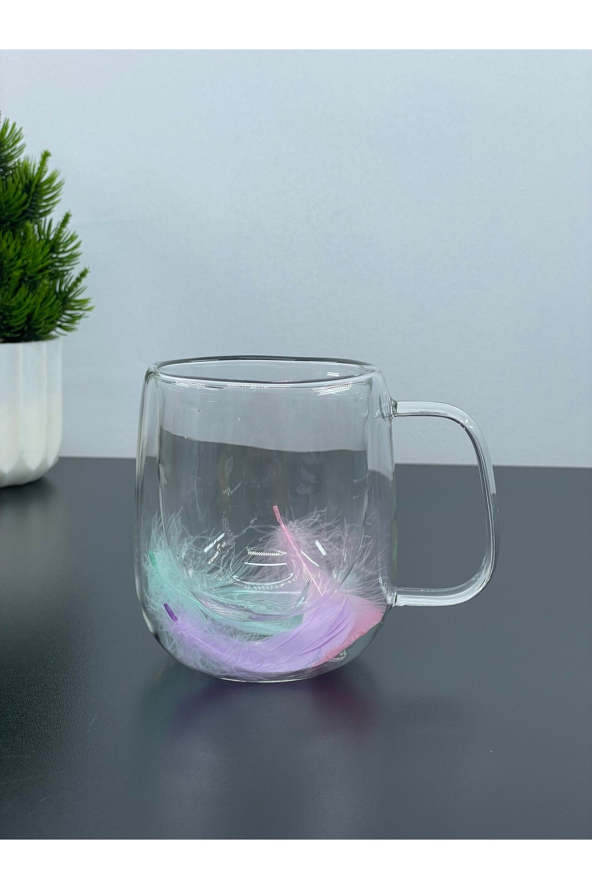 YzHome Tekli Çift Cidarlı Cam Kulplu Tüylü Kupa Bardak 250 ml