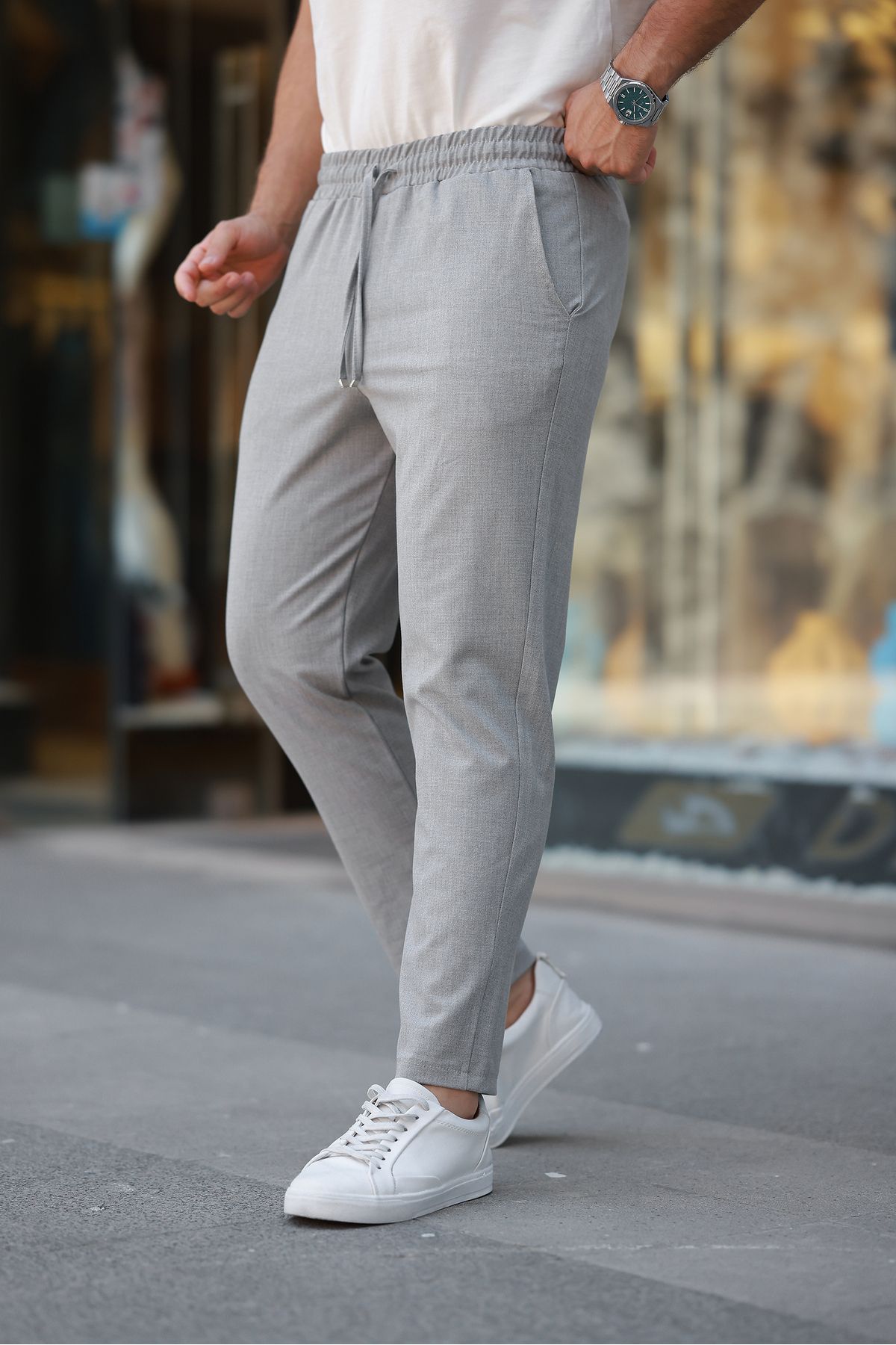 COMBİNE MİCHAİL Erkek Beli Lastikli Bağcıklı Jogger Gri Kumaş Pantolon Rahat Kesim Yan Cepli