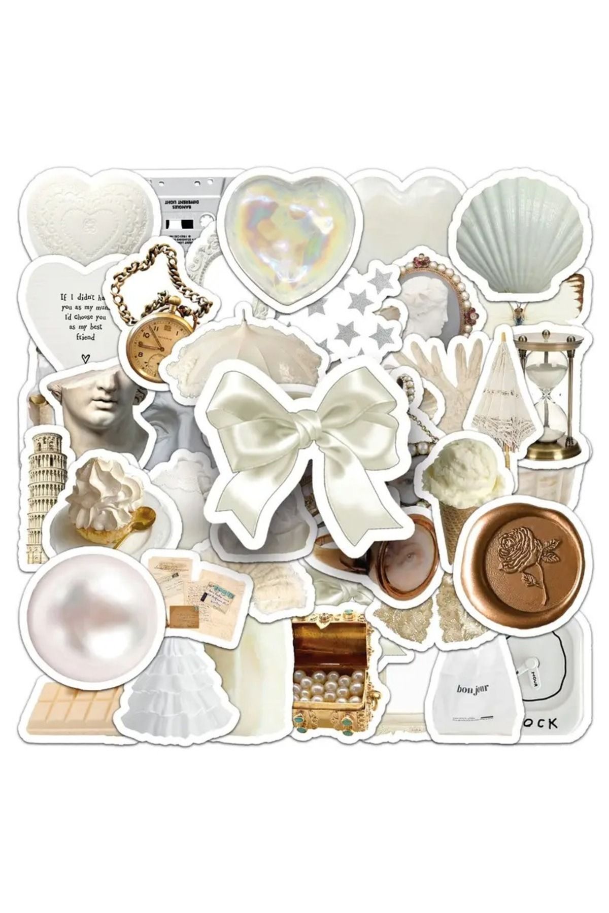 MS Major Selection 50'li White Aesthetic Temalı Sticker Etiket Seti - Beyaz Sticker - Laptop Notebook Telefon