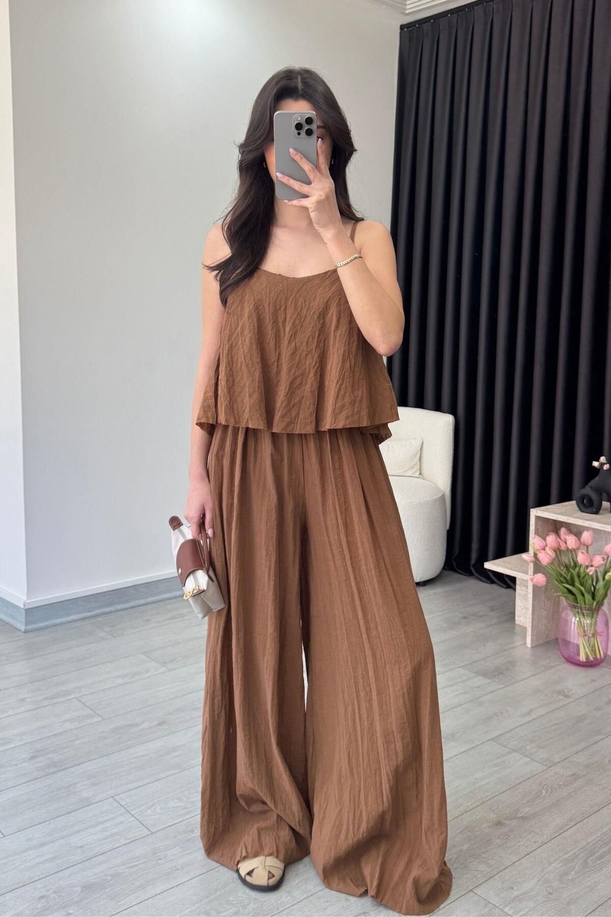 ECEMİ Lore Kahve Dokulu Bluz Pantolon Takım