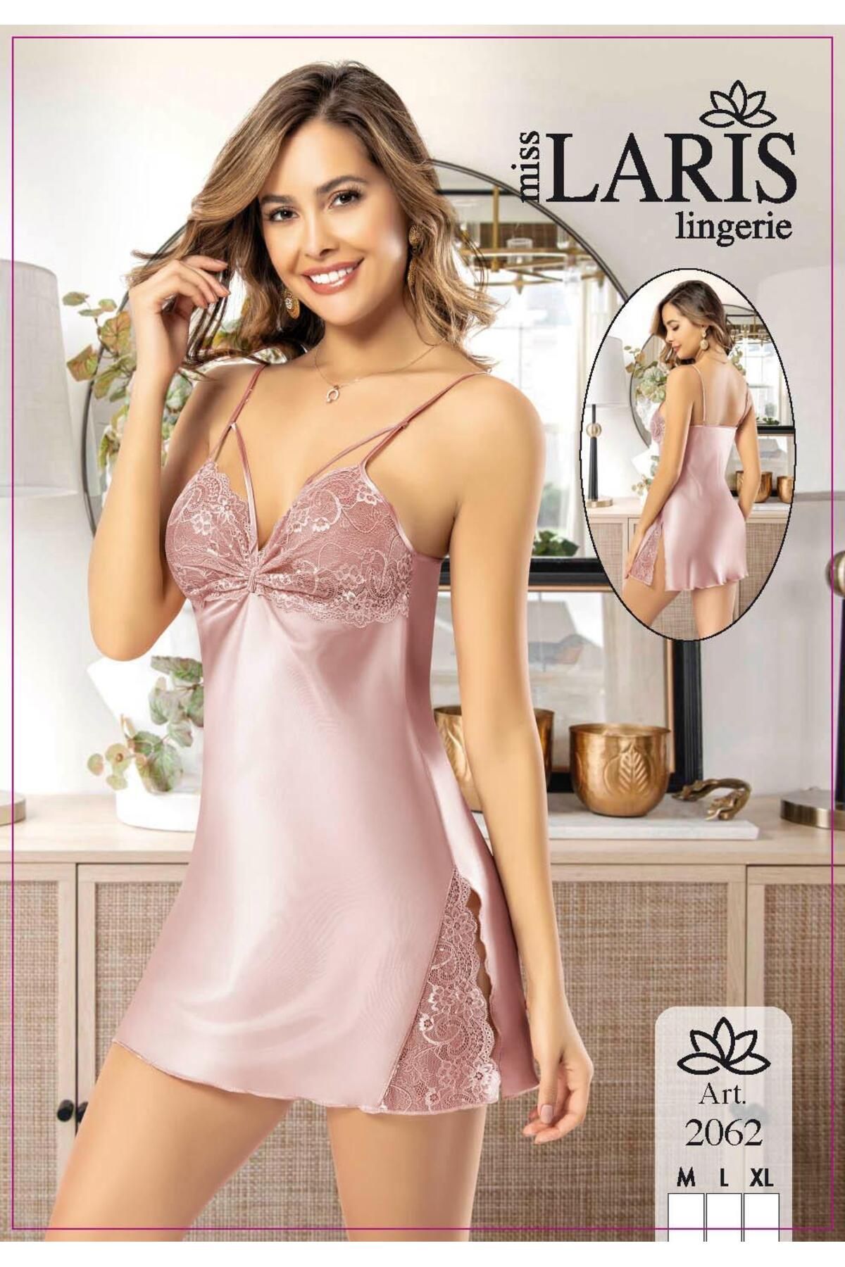 Miss Laris Lingerie Kadın Pudra Pembe Saten Dantelli Askılı Gecelik – Şık İç Giyim