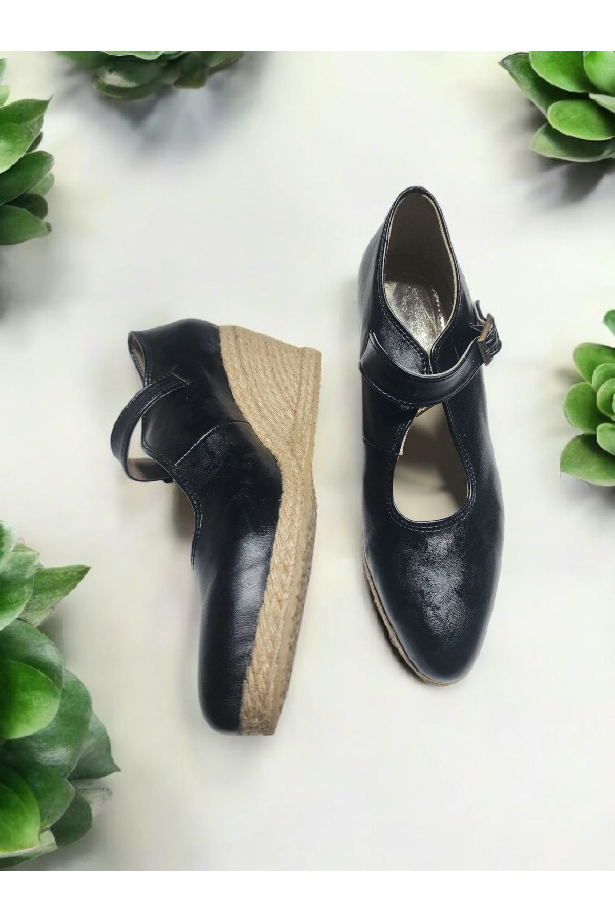 GokceKundura06 Dolgu Topuk Hasır Tokalı Balerin Espadril görsel 2