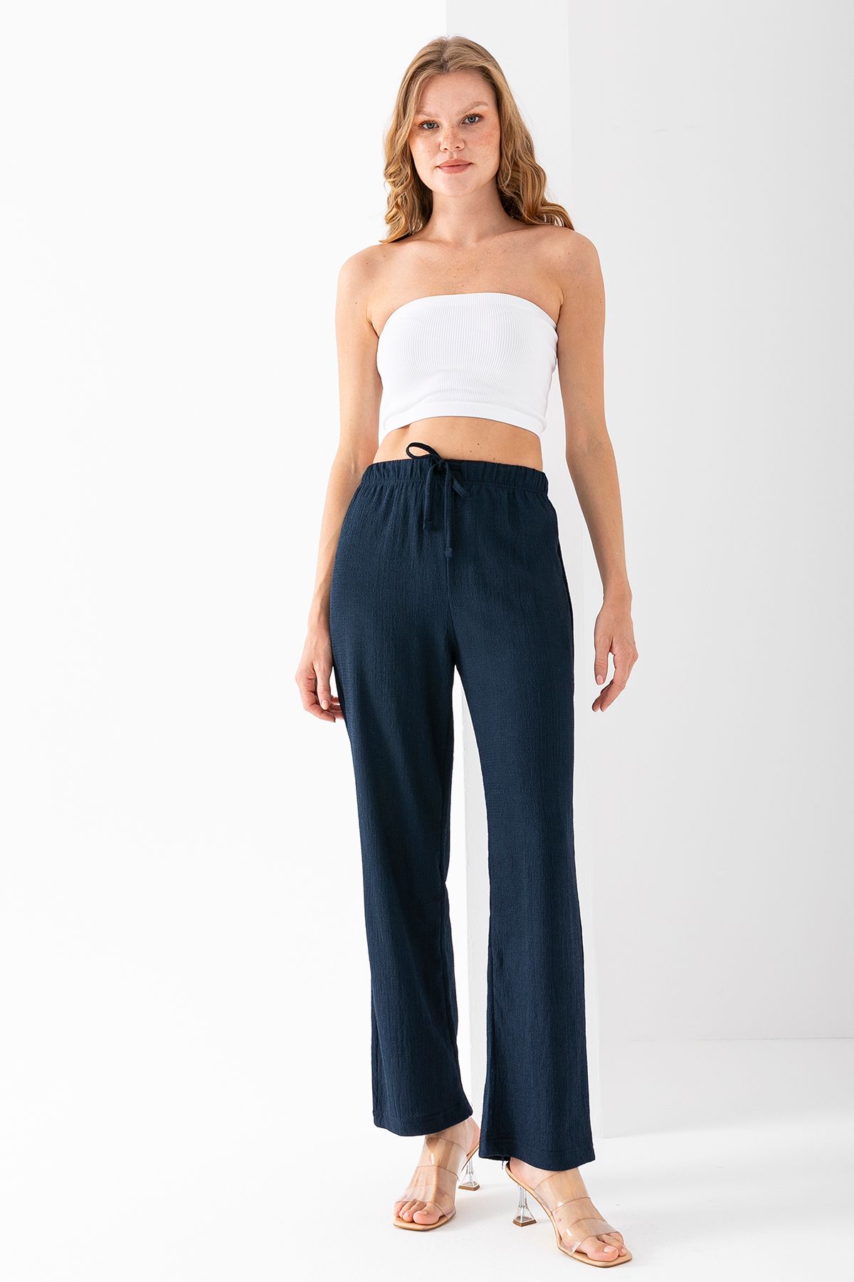 GİYSA Kadın Beli Ayarlanabilir Bol Paça Bürümcük Pantolon Lacivert - 925079