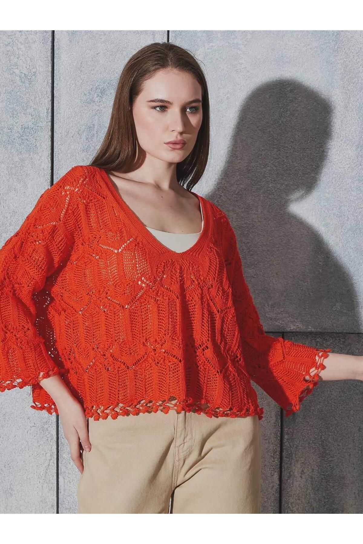 Coral V Yaka Dantel Triko Bluz Oranj