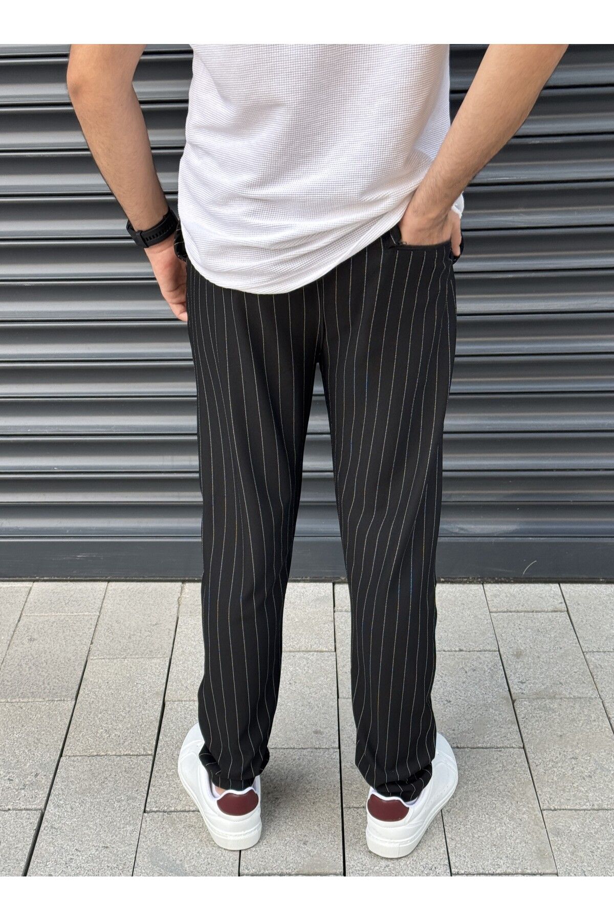 loisswear Slim Fit Krep Çizgili Bel Lastikli Jogger Pantolon