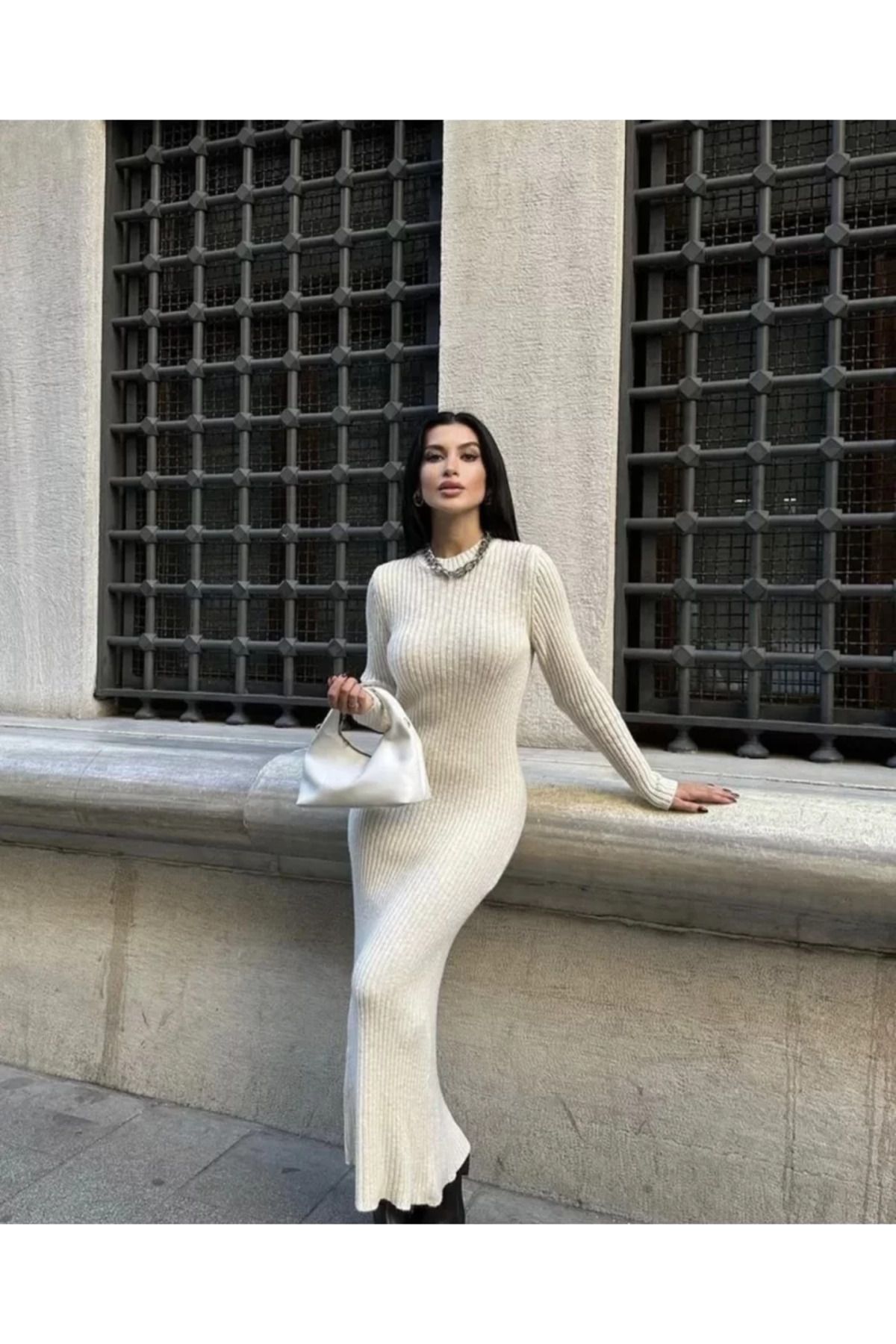 ruum fashions Bisiklet Yaka Fitilli Uzun Elbise