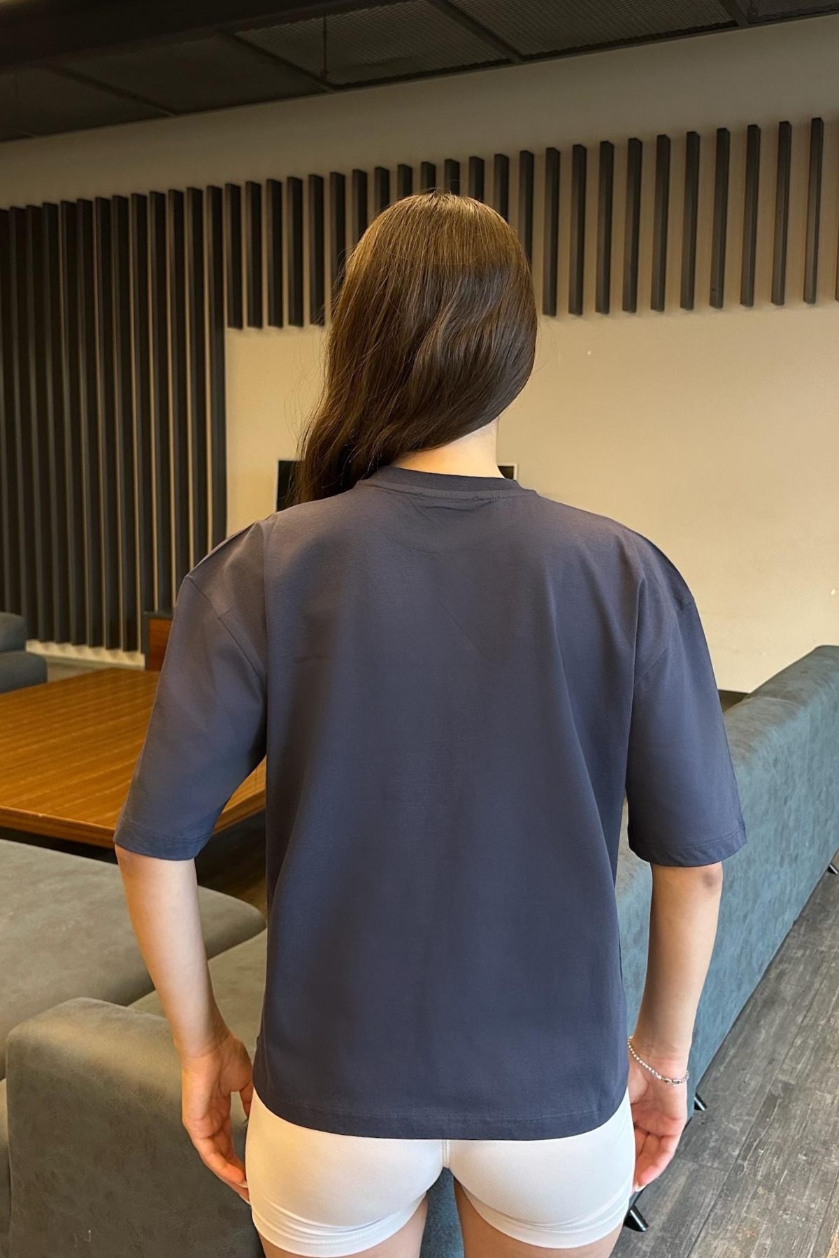 Kadın Oversize Basic Pamuklu T-Shirt İndigo 4