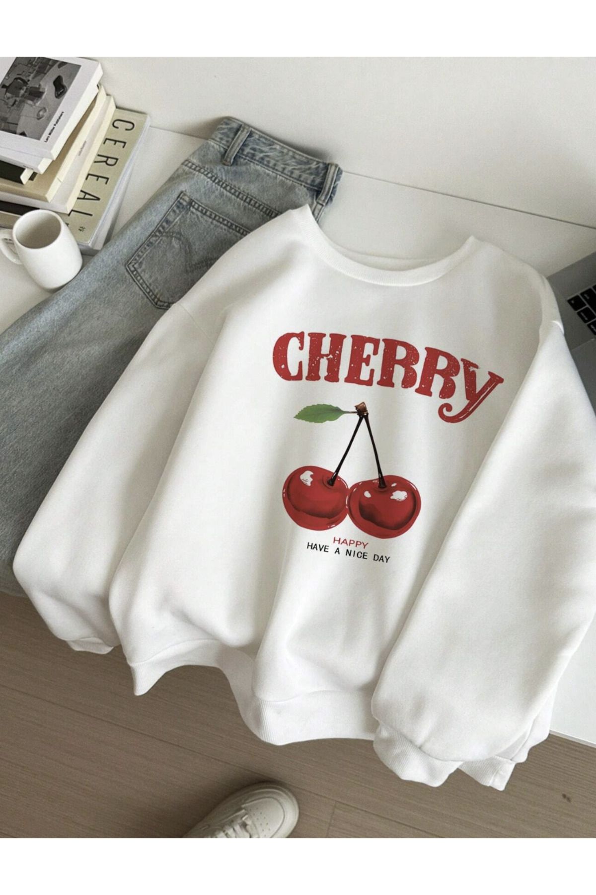 COHERENT Unisex Kadın/Erkek CHERRY Özel Renkli Oversize Bisiklet Yaka Pamuklu Sweatshirt