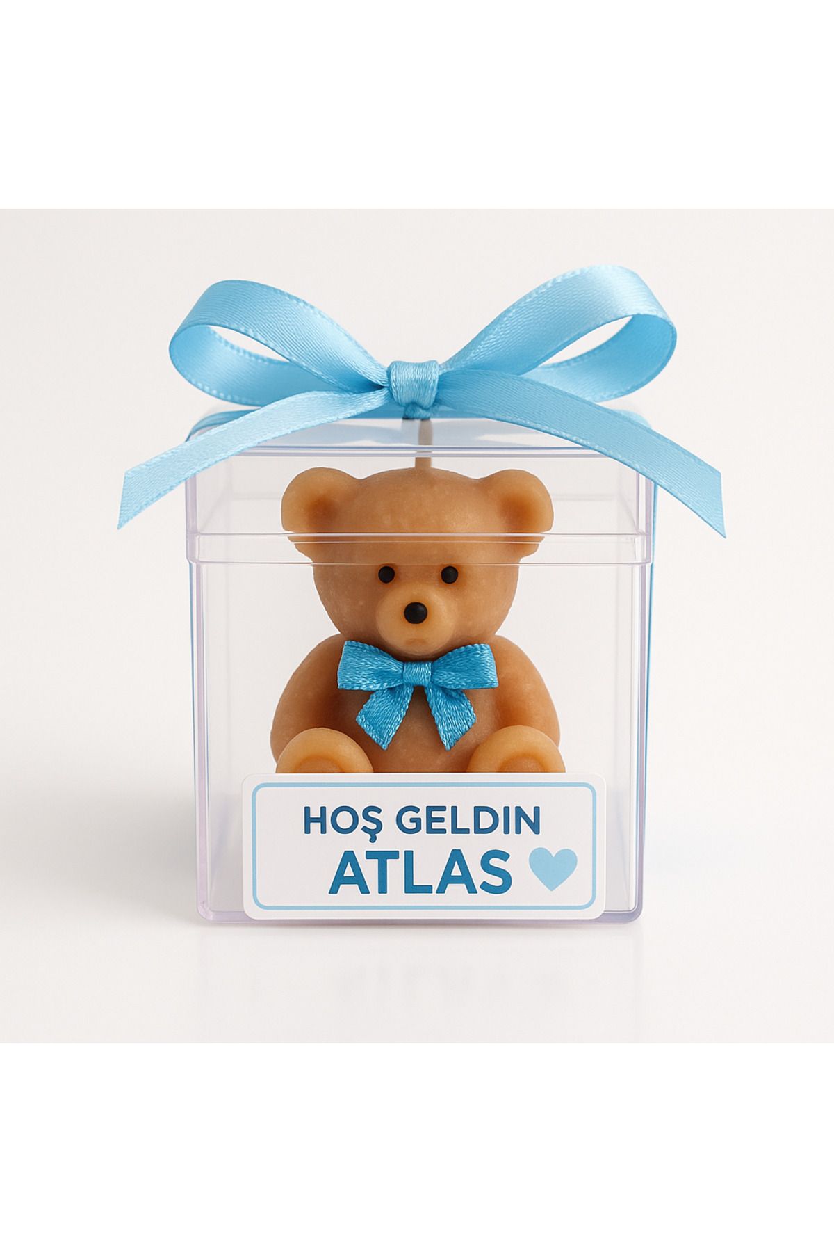 LARİNA Hoş Geldin Erkek Bebek Ayıcık Mum Hediyelik-Mavi Kurdeleli–Mika Kutuda –Baby Shower-Bebek Mevlidi