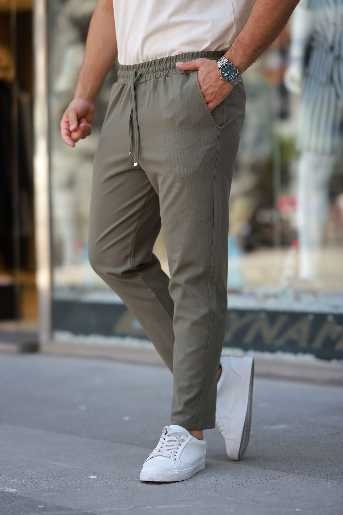 COMBİNE MİCHAİL Erkek Beli Lastikli Bağcıklı Jogger Haki Kumaş Pantolon Rahat Kesim Yan Cepli