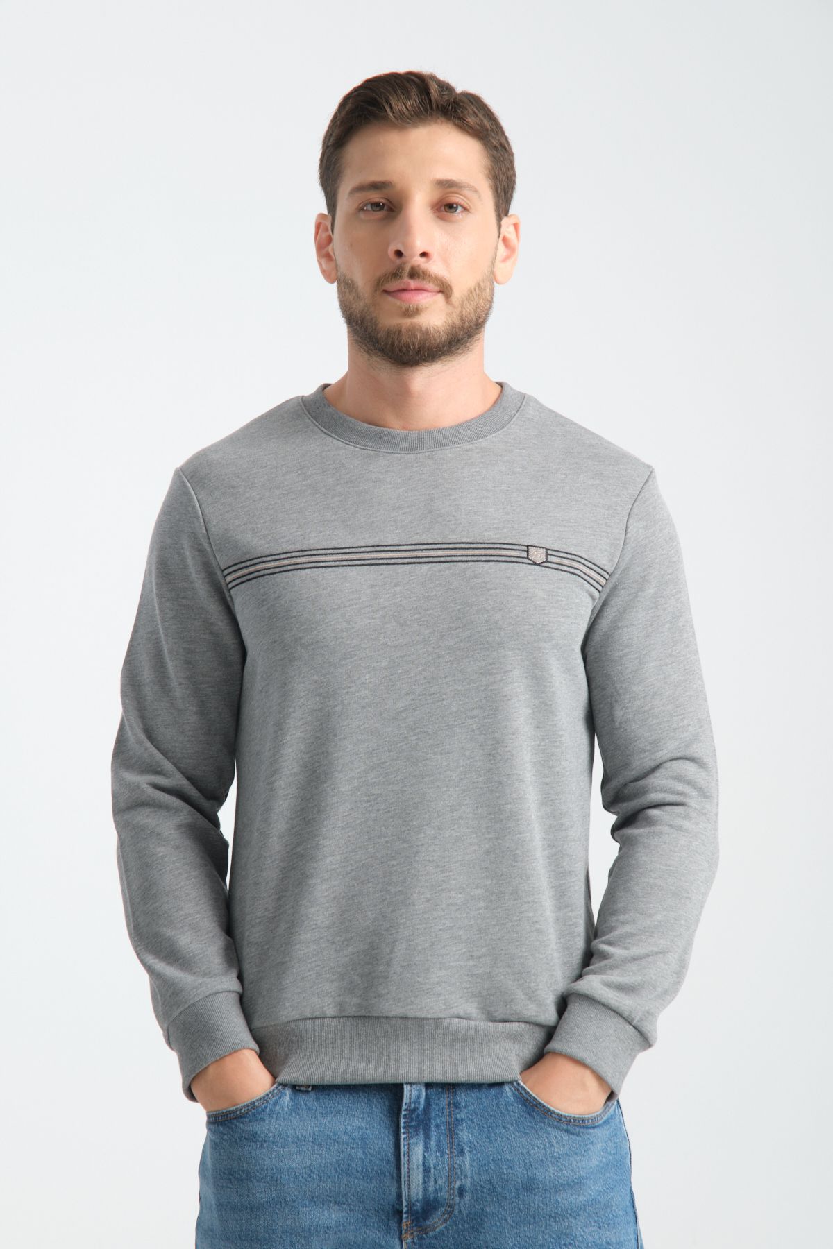 Shooter Sportswear Erkek Sweatshirt Nakış Detaylı Gri Melanj Standart Kalıp