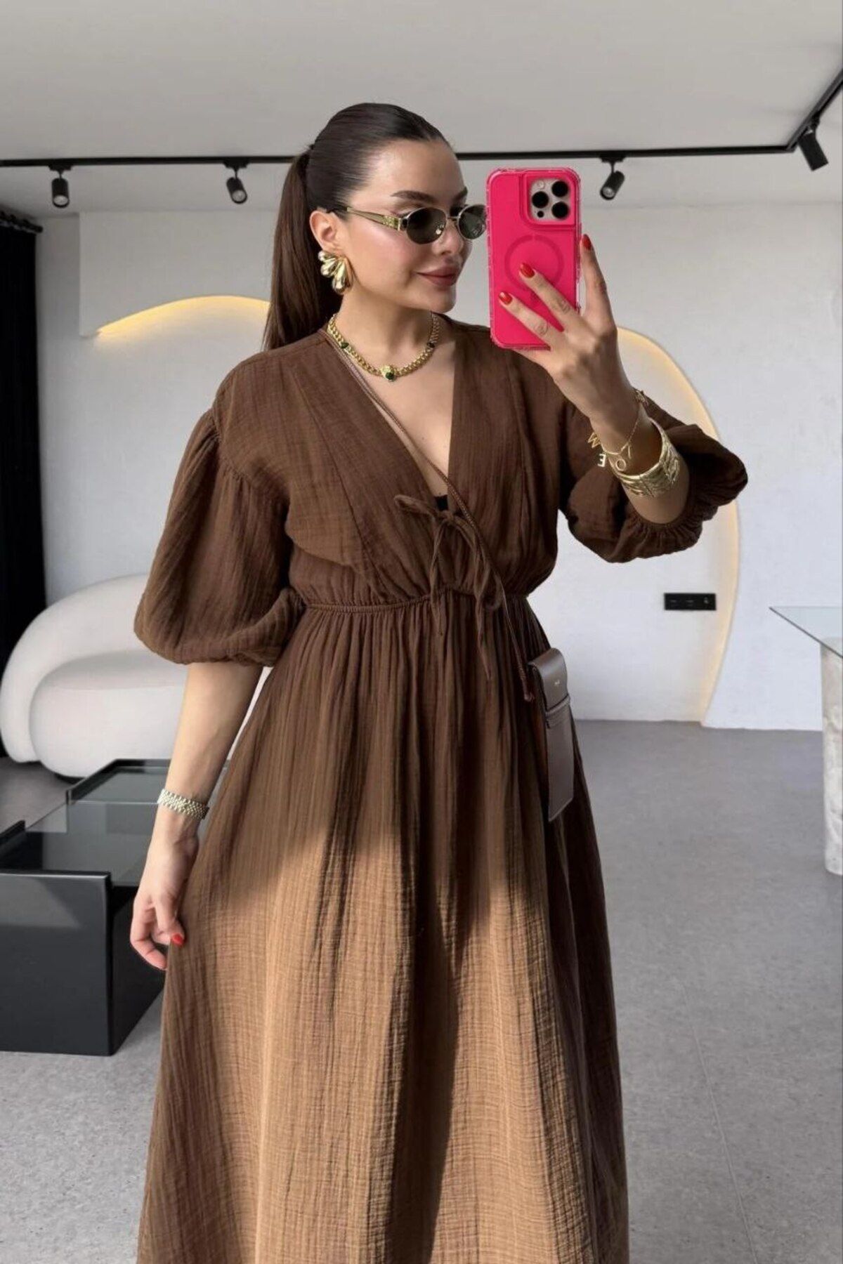 Lovely butik KADIN YAZLIK KOL VE BEL LASTİK DETAYLI MÜSLİN ELBİSE