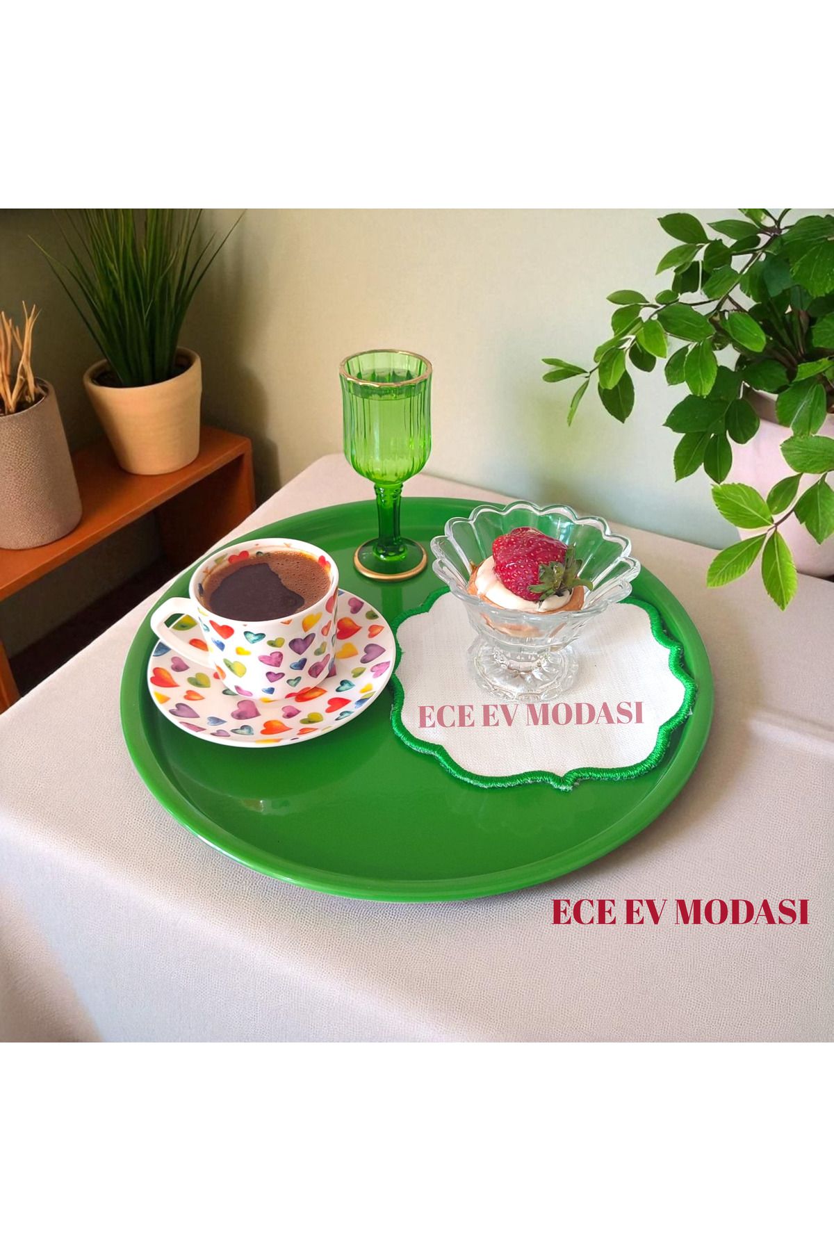 EceAksesuar 6'lı Metal Yuvarlak Çay, Kahve, Pasta Servis Tepsisi Dekoratif Sunum Tepsisi 24 Cm