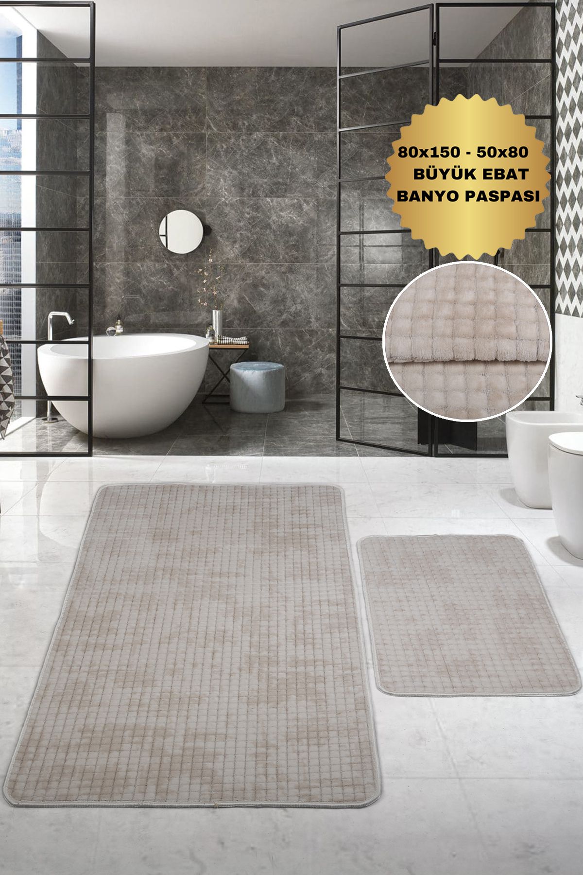 Bestekar LuxSquare Krem Büyük Boy Kaymaz Tabanlı Yıkanabilir Emici Yumuşak İkili Banyo Paspas Takımı