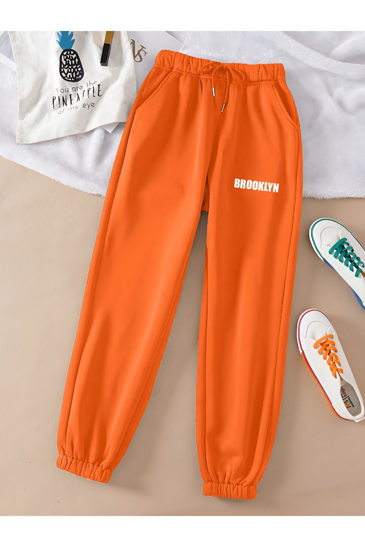 COHERENT Unisex Kadın/Erkek Brooklyn Renkli Özel Baskılı Penye Kumaş Eşofman Altı Paça Lastik Jogger
