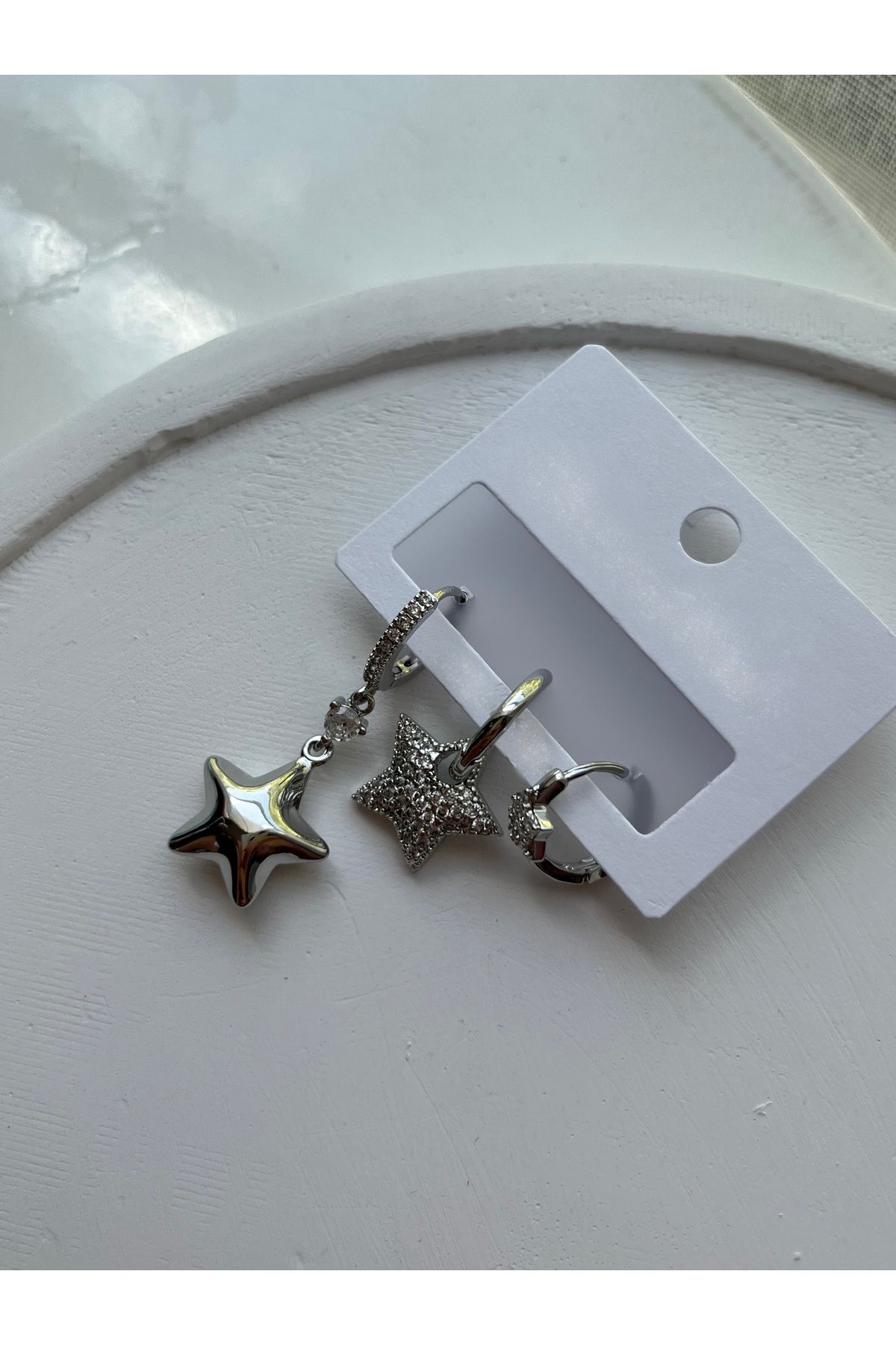 HERA JEWELS Zirkon Taşlı Yıldızlı 3’lü Gümüş Küpe