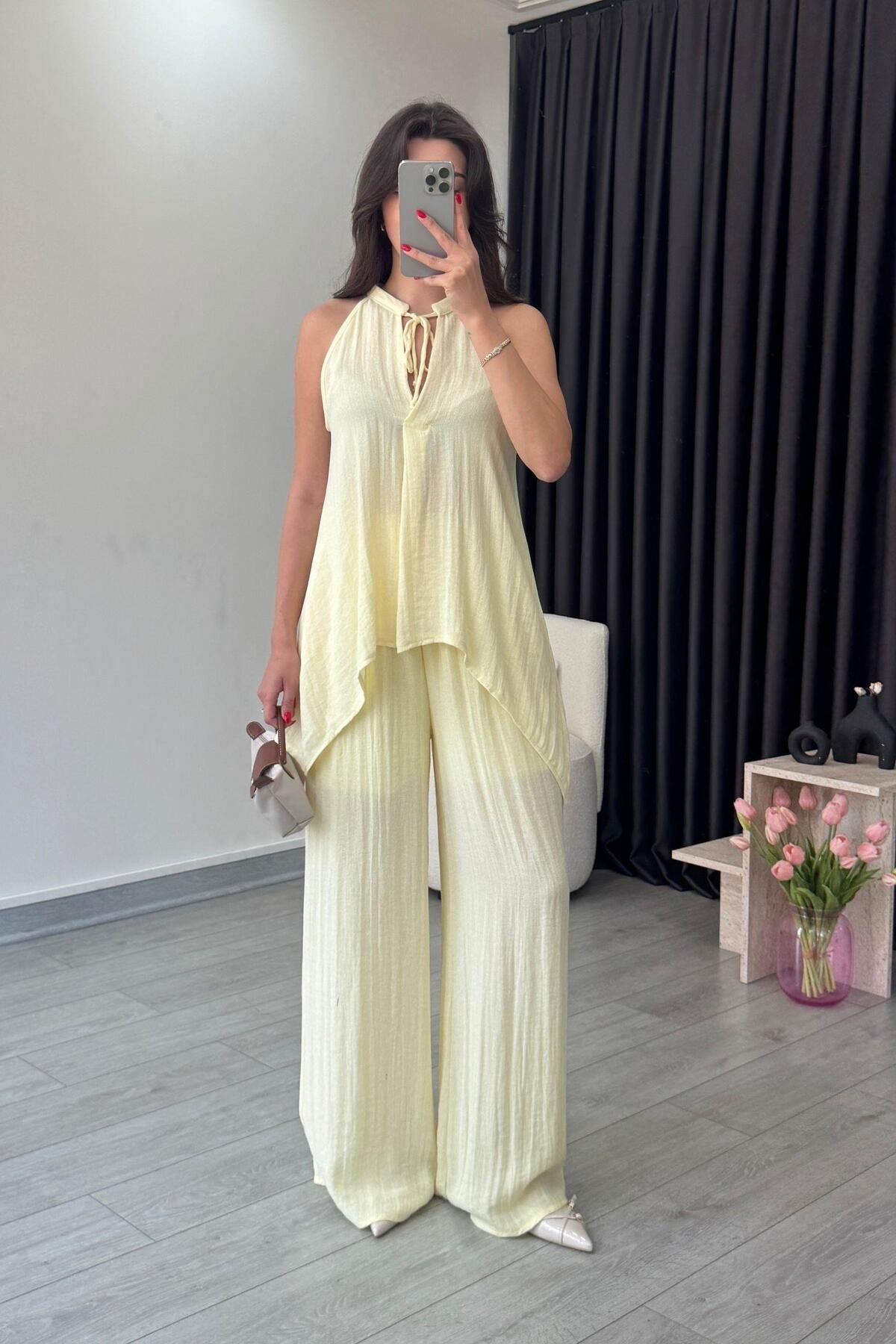 ECEMİ Alya Sarı Asimetrik Bluz Pantolon Takım