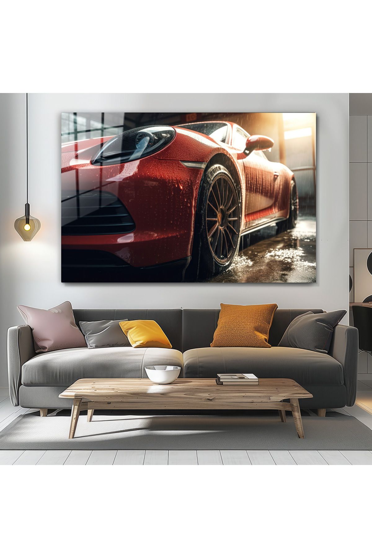 Cam Tablo Kırmızı Spor Araba Temalı Cam Tablo – Detaylı Çekim – Modern ve Güçlü Dekor – Temperli Cam
