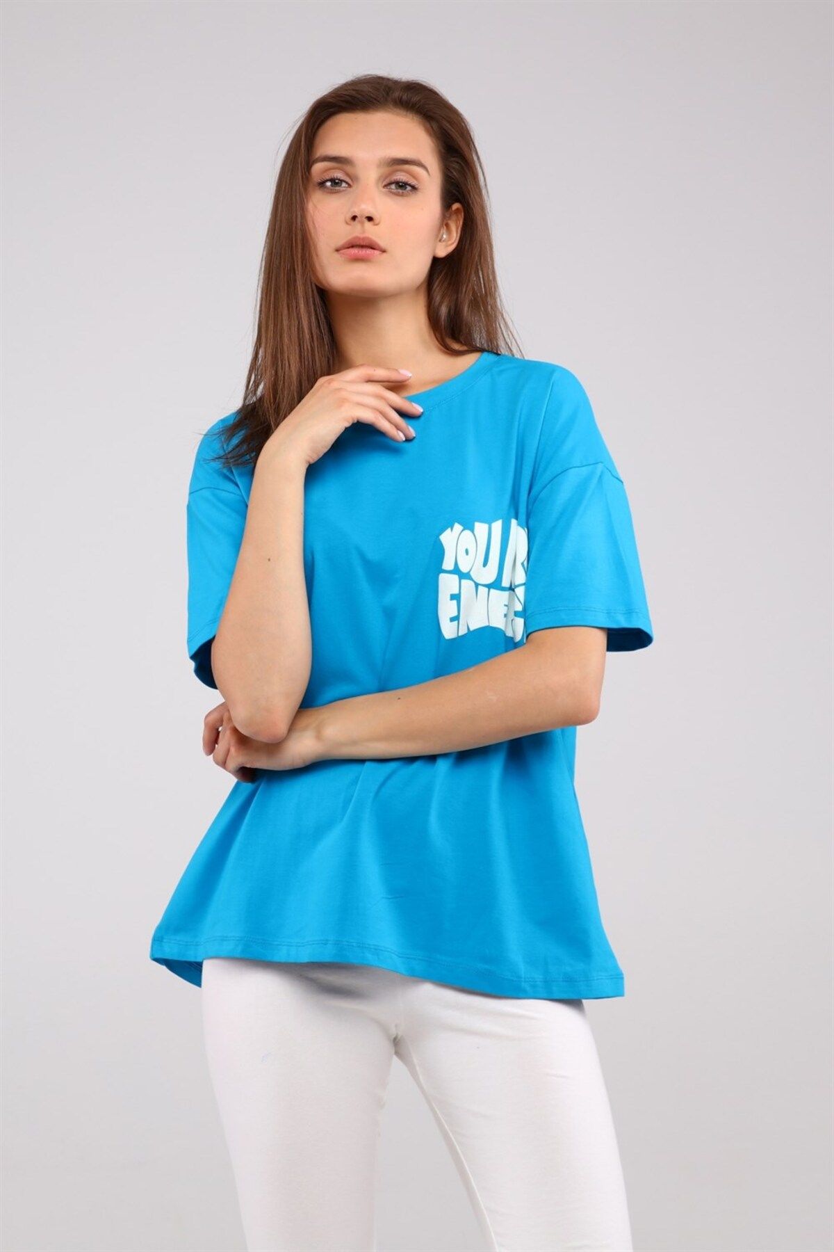 TF The Fancy For You Kadın Bisiklet Yaka Baskılı Kısa Kollu Oversize Tişört
