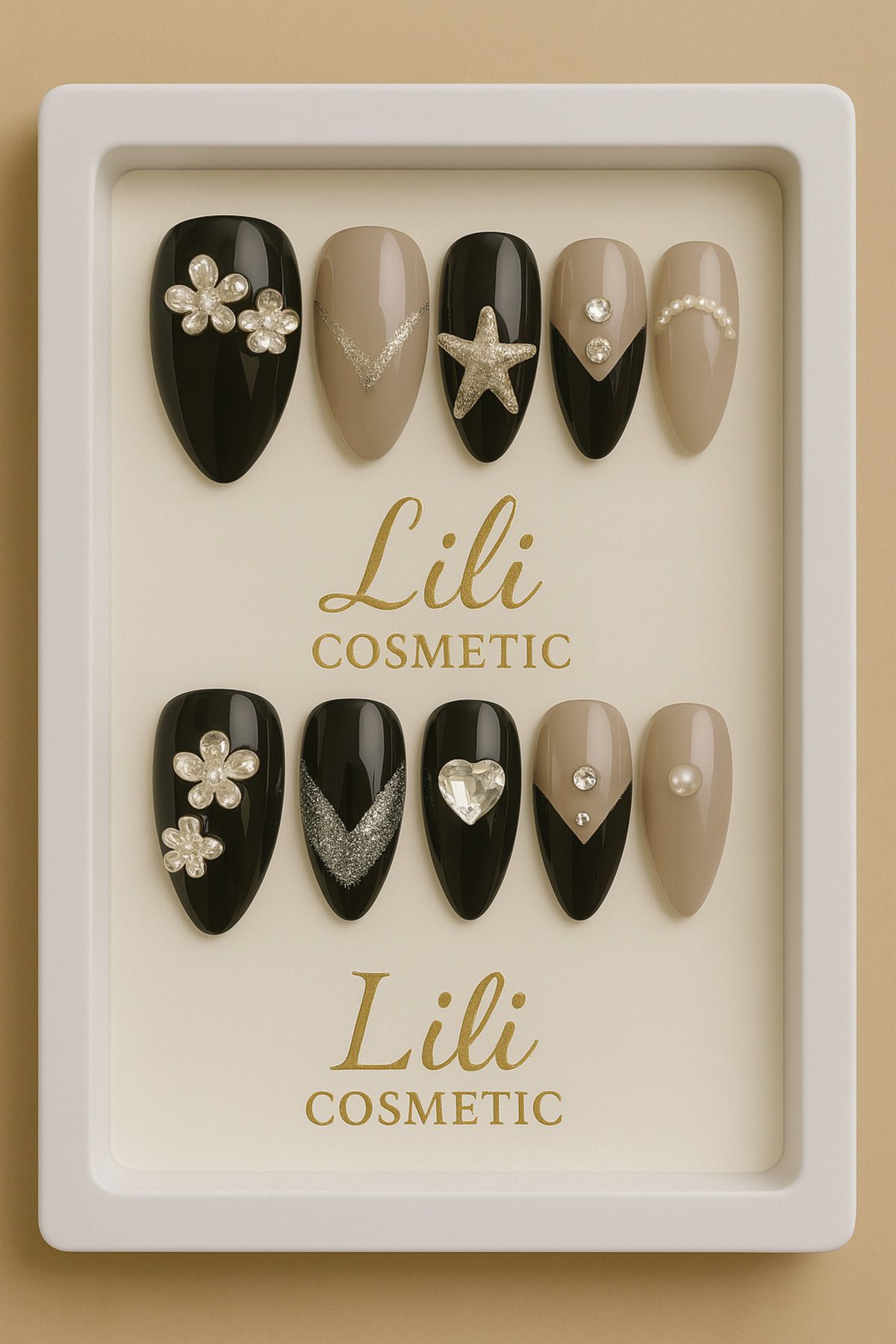 Lili Cosmetic Lüx Taşlı Siyah Gri Yıldızlı 5D Papatya Takma Tırnak Kendinden Yapışkanlı 12li