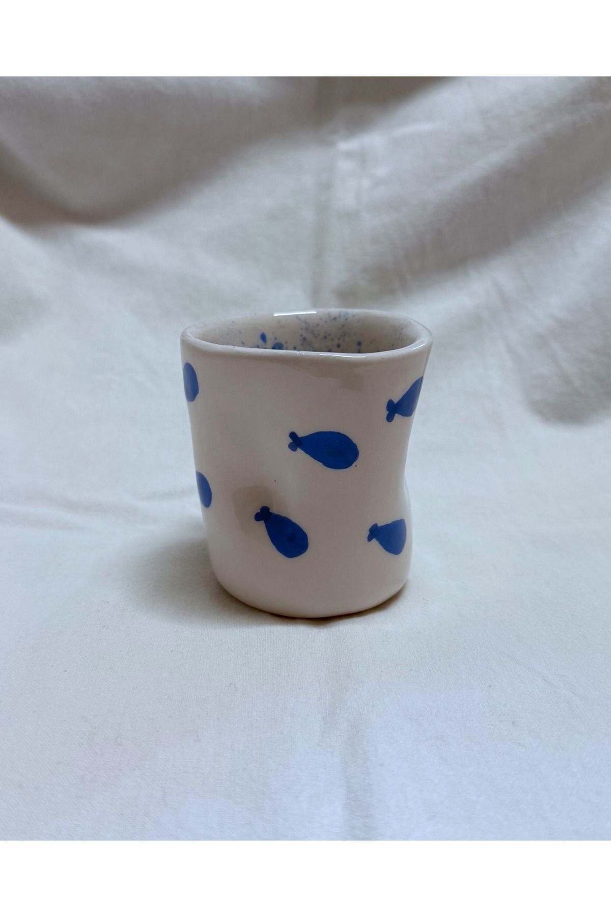 archeceramic Arche Ceramic El Yapmı Seramik Kupa - Parmak İzli Espresso Bardağı - Balık Desenli - 100 ml - Tekli