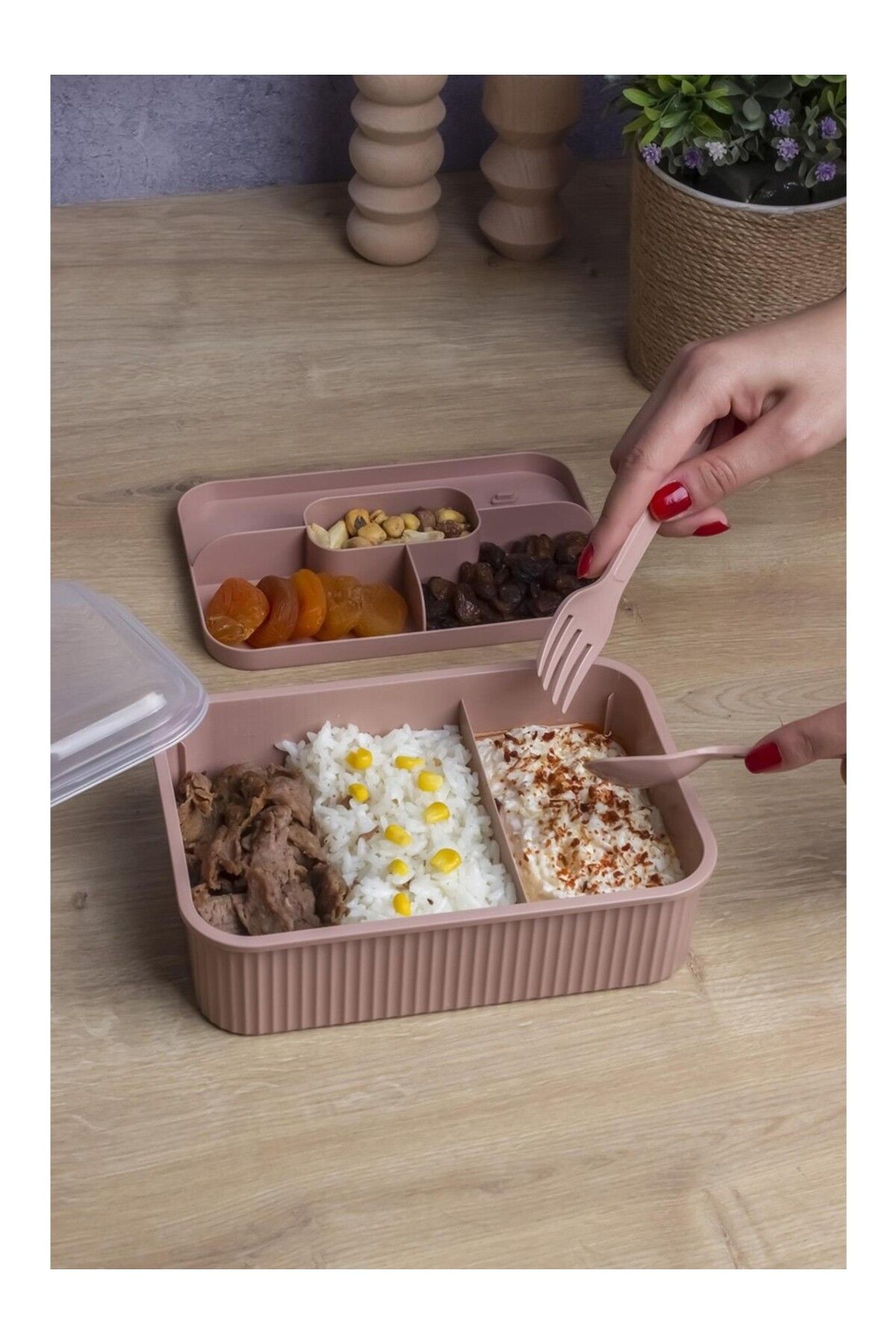 Milena Life Çizgili 5 Bölmeli Beslenme Kutusu Çatal Kaşıklı Şeffaf Kapaklı Sızdırmaz Lunch Box Okul Ofis 1 Adet