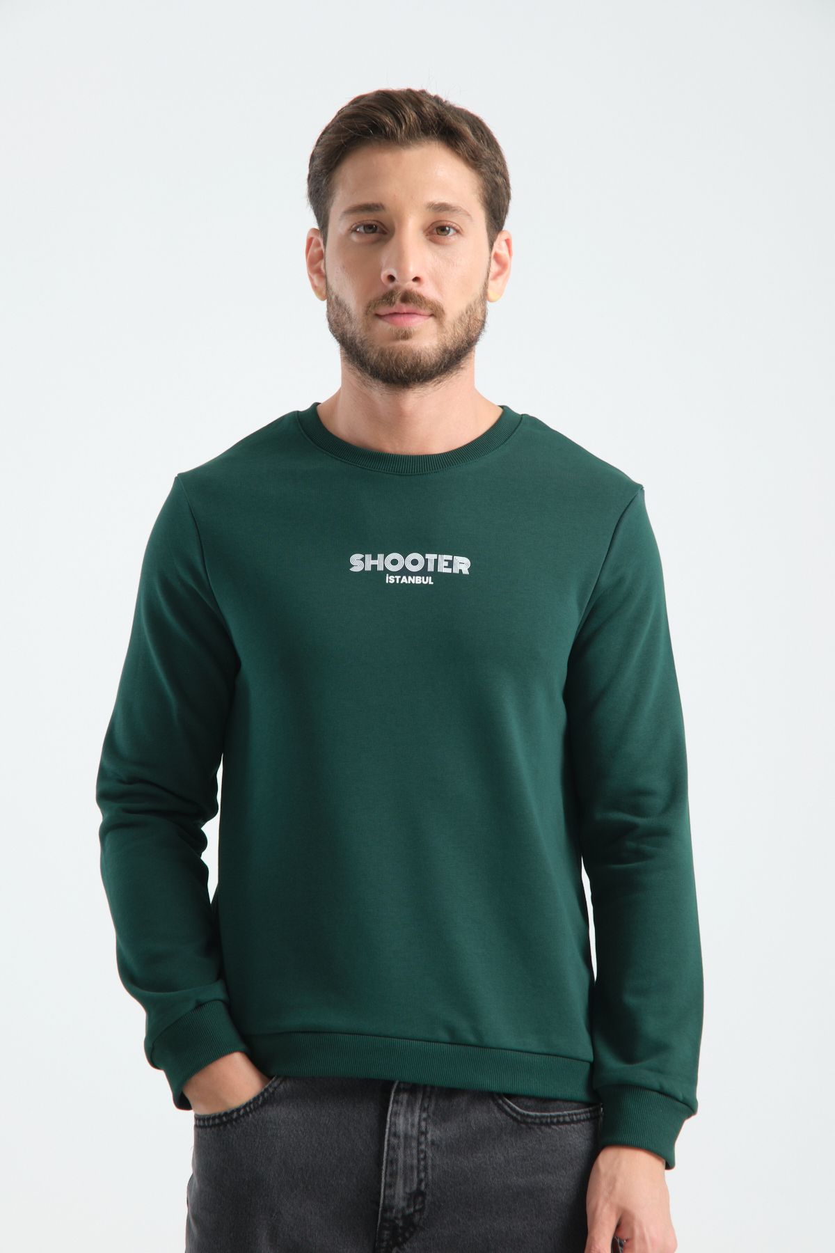 Shooter Sportswear Erkek Deluxe Sweatshirt Koyu Yeşil Baskı Detaylı Standart Kalıp