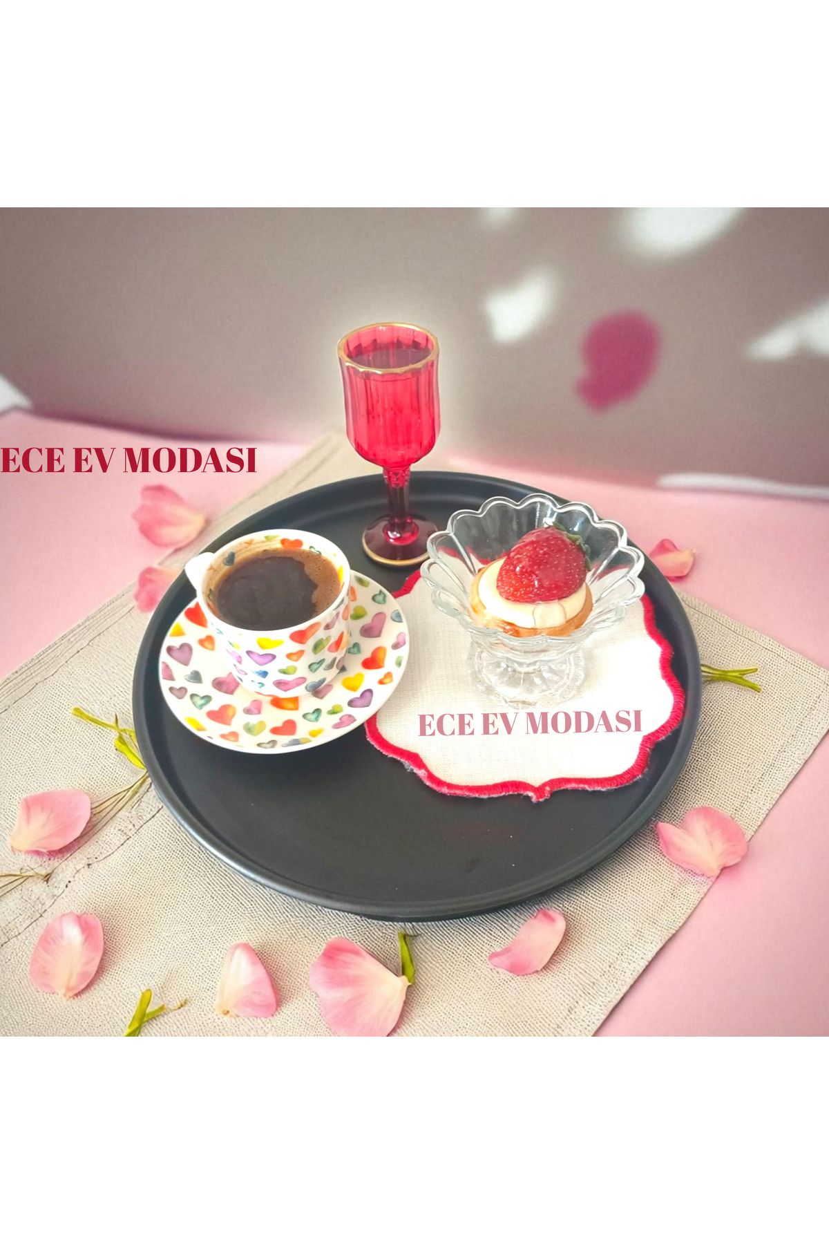 EceAksesuar 6'lı Metal Yuvarlak Çay, Kahve, Pasta Servis Tepsisi Dekoratif Sunum Tepsisi 24 Cm