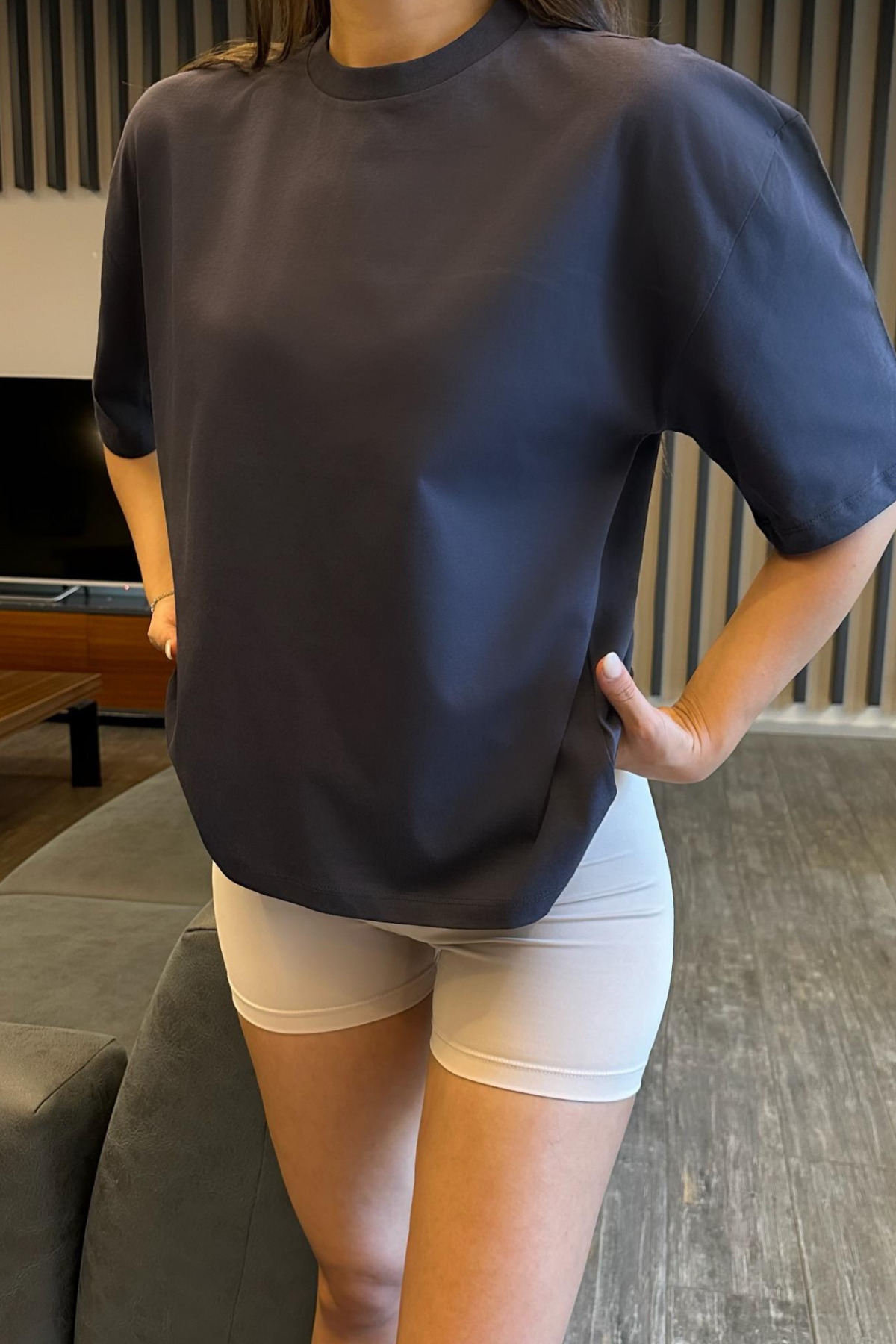 Kadın Oversize Basic Pamuklu T-Shirt İndigo 3