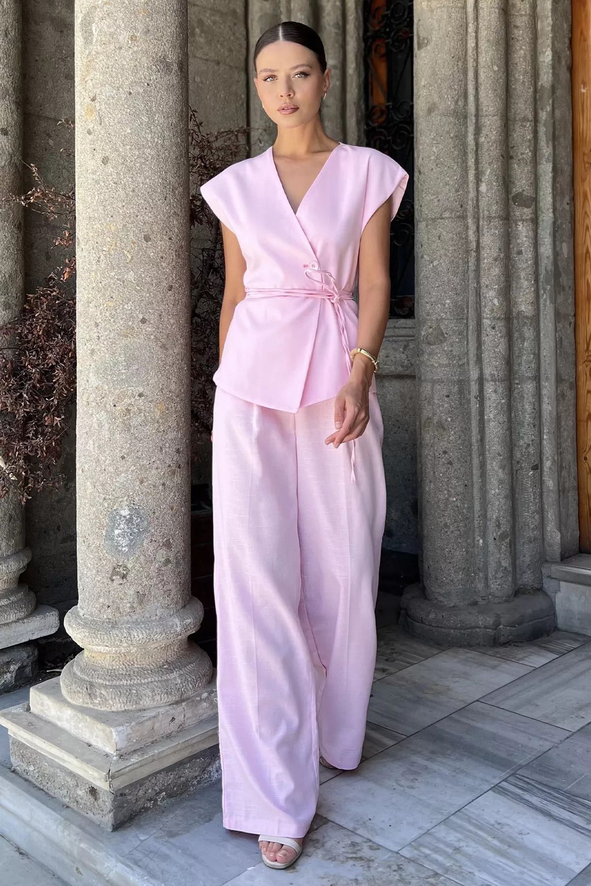 GÜLSELİ Pembe Bel Bağlamalı Astarlı Kadın Yelek Pantolon Keten İkili Takım