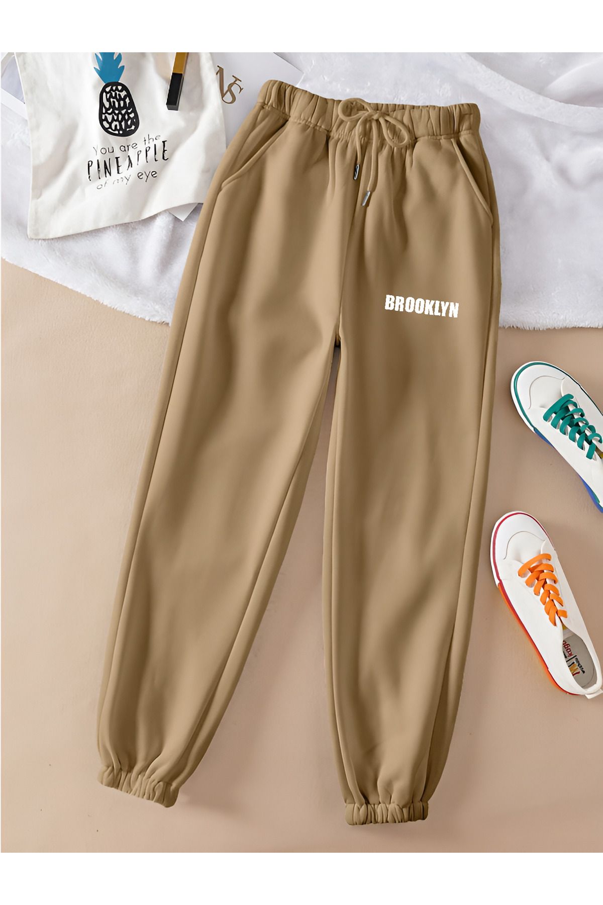 COHERENT Unisex Kadın/Erkek Brooklyn Renkli Özel Baskılı Penye Kumaş Eşofman Altı Paça Lastik Jogger