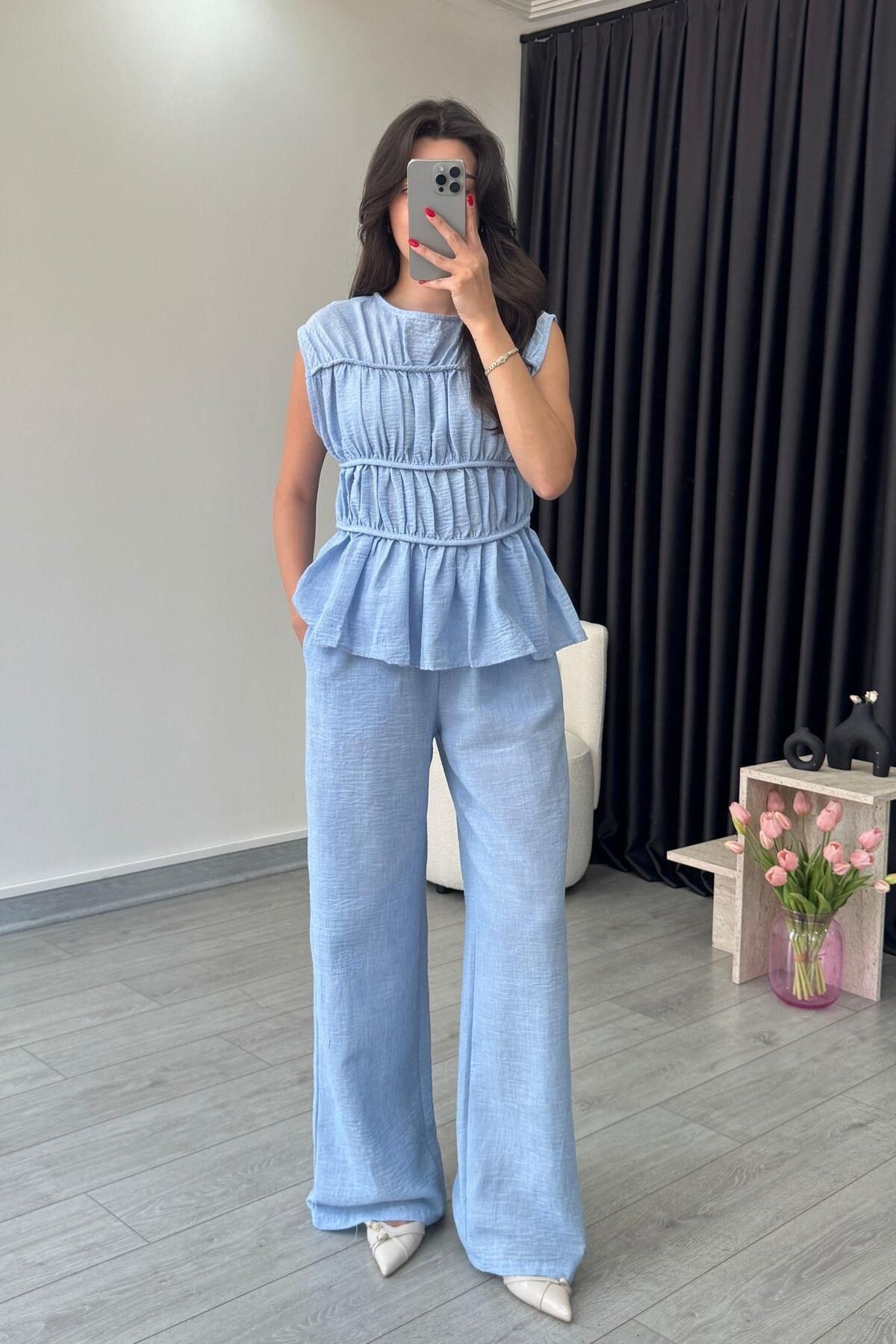 ECEMİ Via Mavi Keten Bluz Pantolon Takım