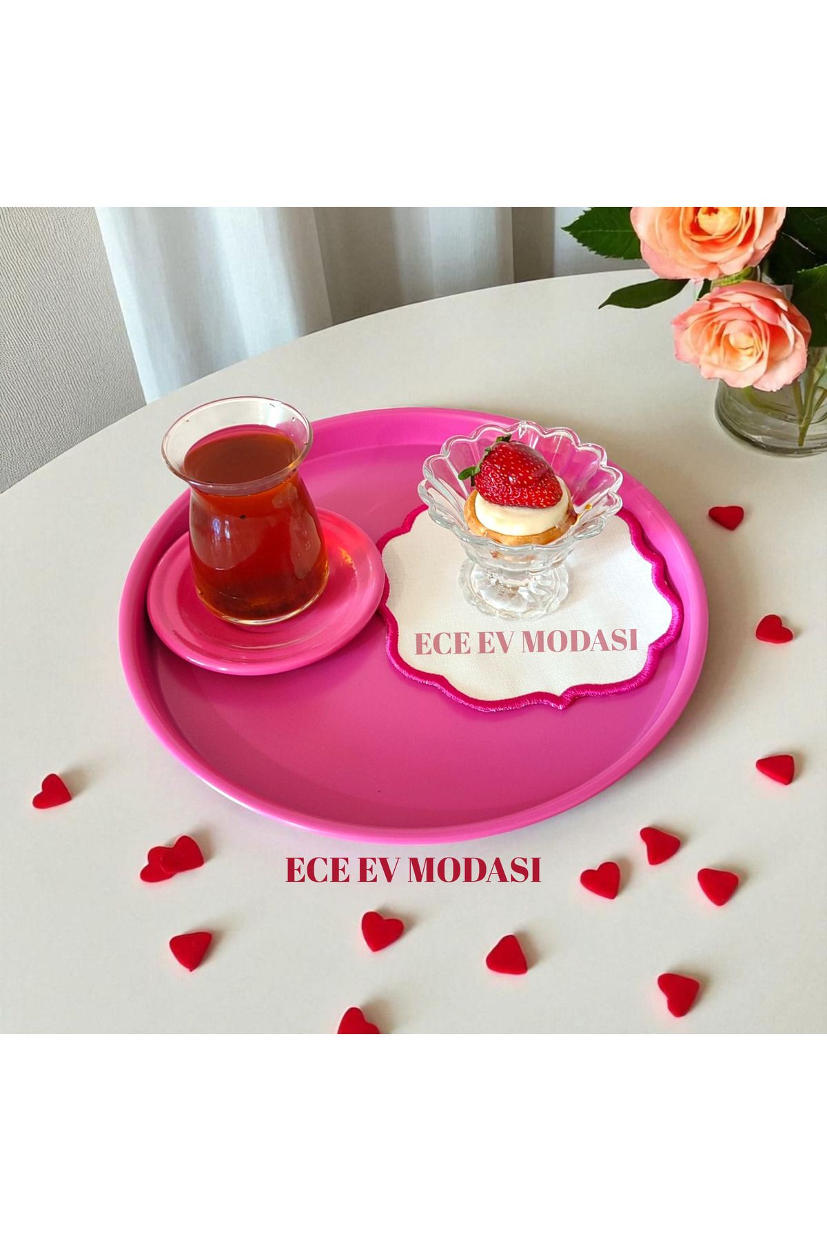 EceAksesuar 6'lı Metal Yuvarlak Çay, Kahve, Pasta Servis Tepsisi Dekoratif Sunum Tepsisi 24 Cm