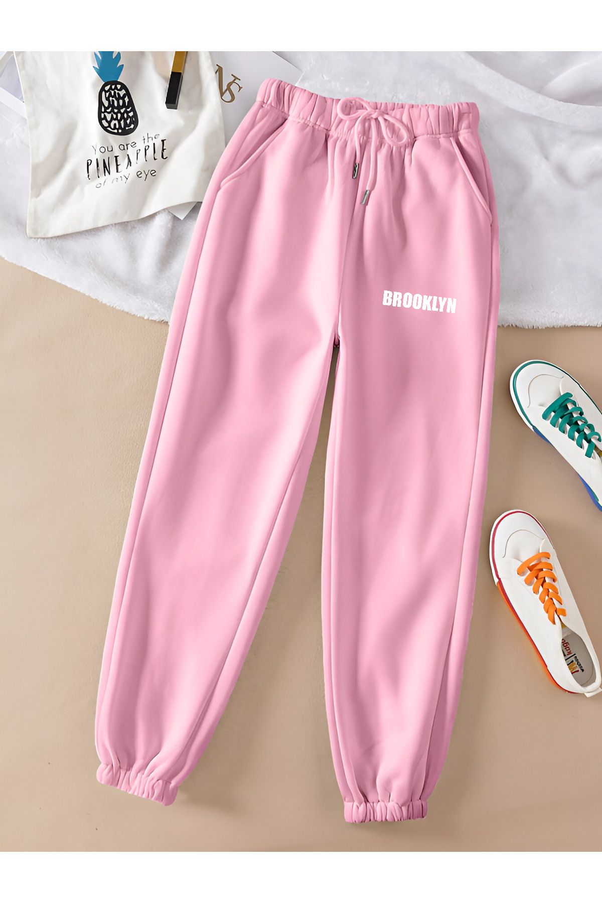 COHERENT Unisex Kadın/Erkek Brooklyn Renkli Özel Baskılı Penye Kumaş Eşofman Altı Paça Lastik Jogger
