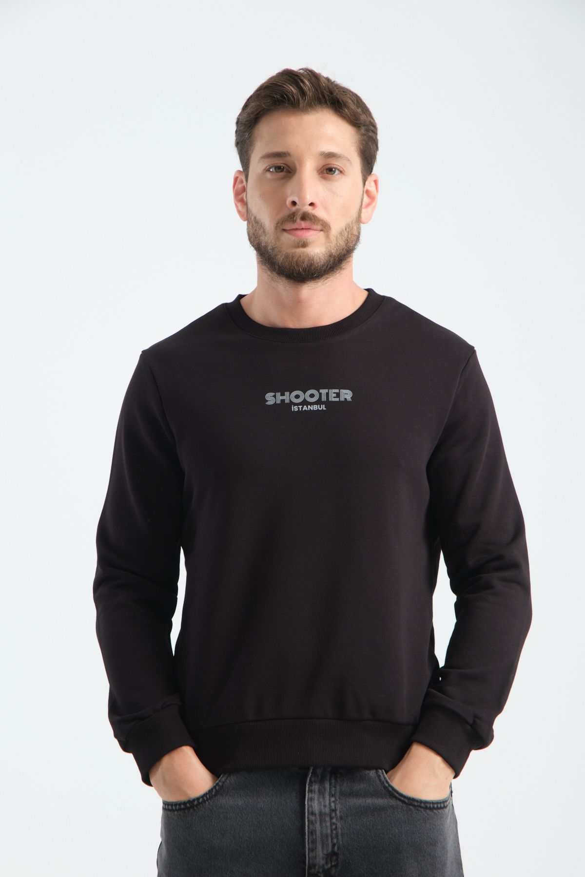 Shooter Sportswear Erkek Deluxe Sweatshirt Siyah Baskı Detaylı Standart Kalıp