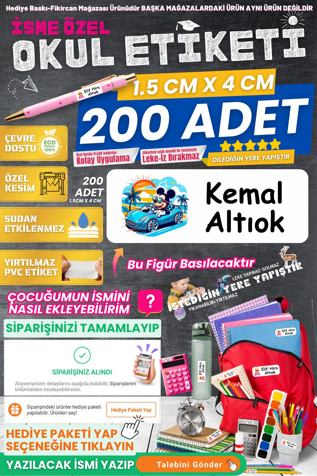 FİKİRCAN Fikircan-İsme Özel Okul Etiketi-MİCKY VE ARABA 200 Adet - Kokusuz Ekolojik Mürekkep PVC ETİKET