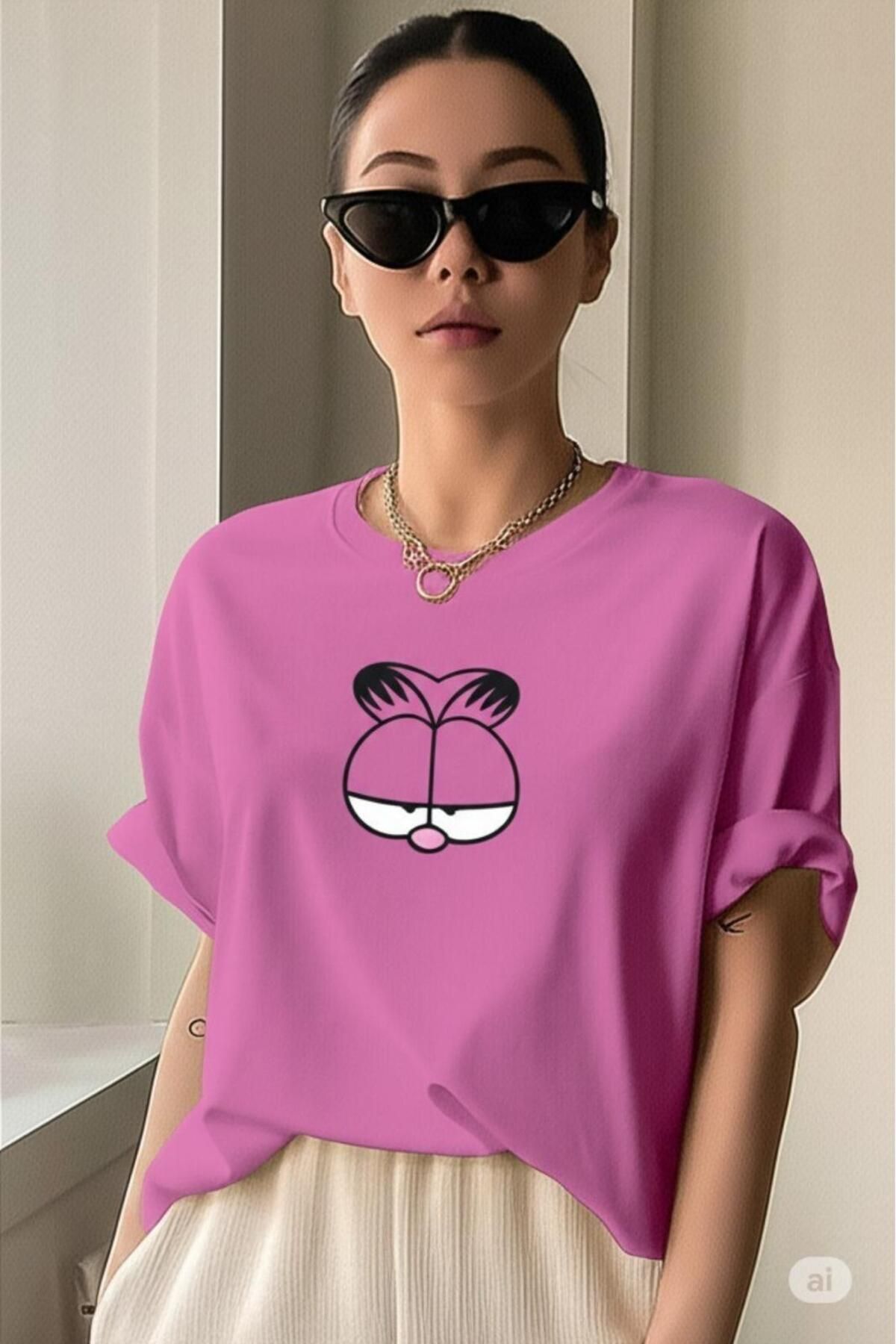 NO 601 Kadın Tatlı Kedi Baskılı Trend Bol Kalıp Oversize Tshirt