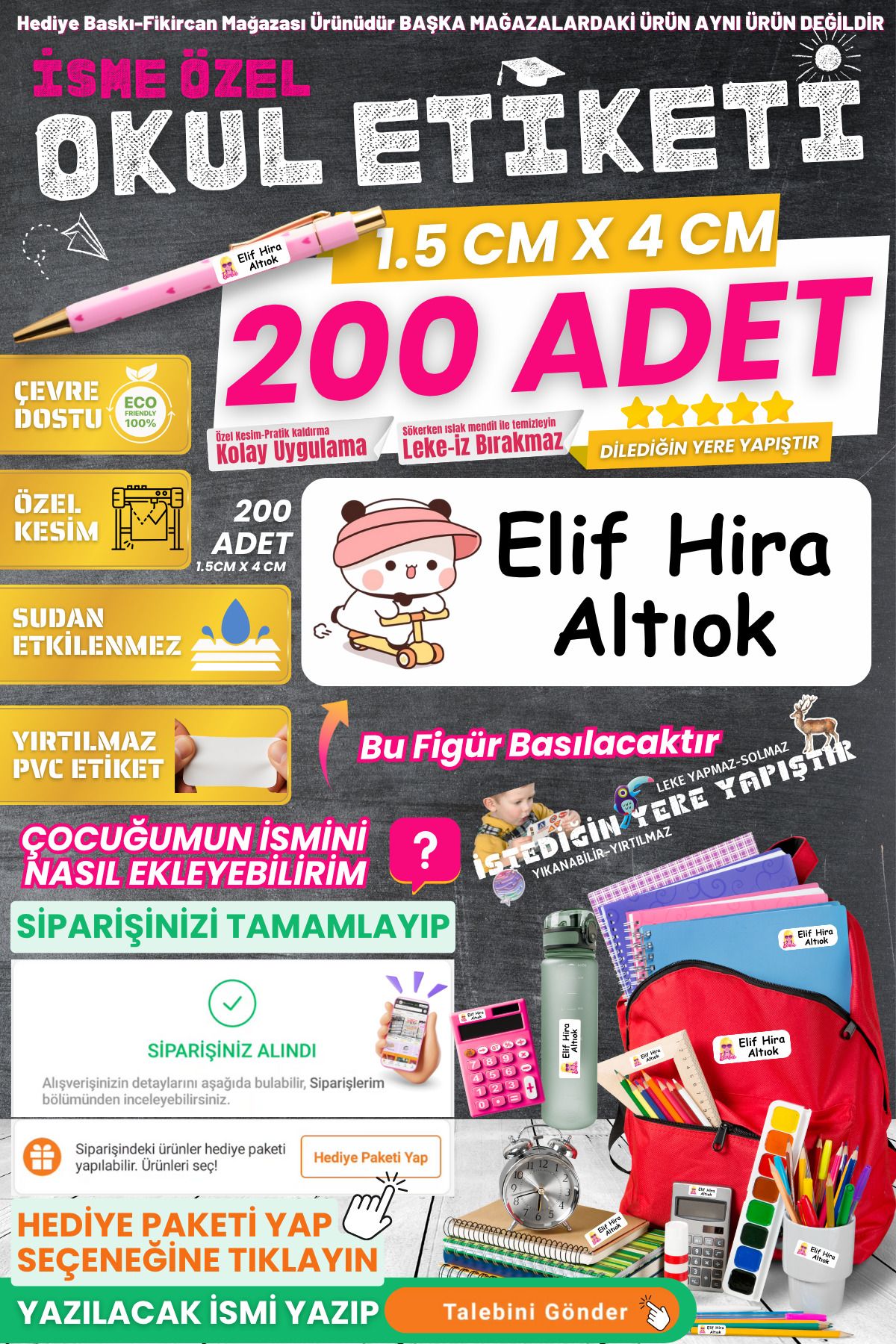 FİKİRCAN KOPYA - Fikircan-İsme Özel Okul Etiketi-Bubu Dudu 200 Adet - Kokusuz Ekolojik Mürekkep PVC ETİKET