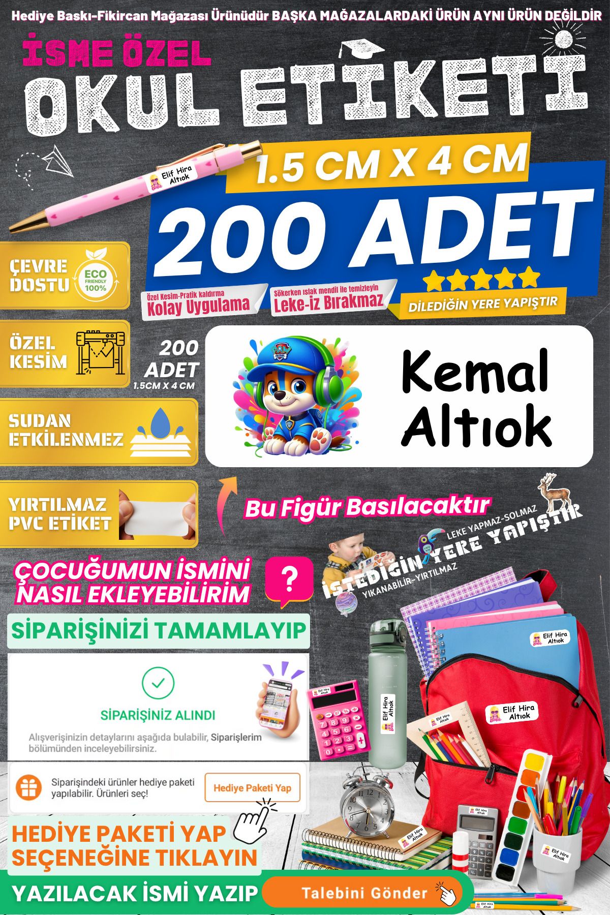 FİKİRCAN Fikircan-İsme Özel Okul Etiketi-PAW PATROL 200 Adet - Kokusuz Ekolojik Mürekkep PVC ETİKET