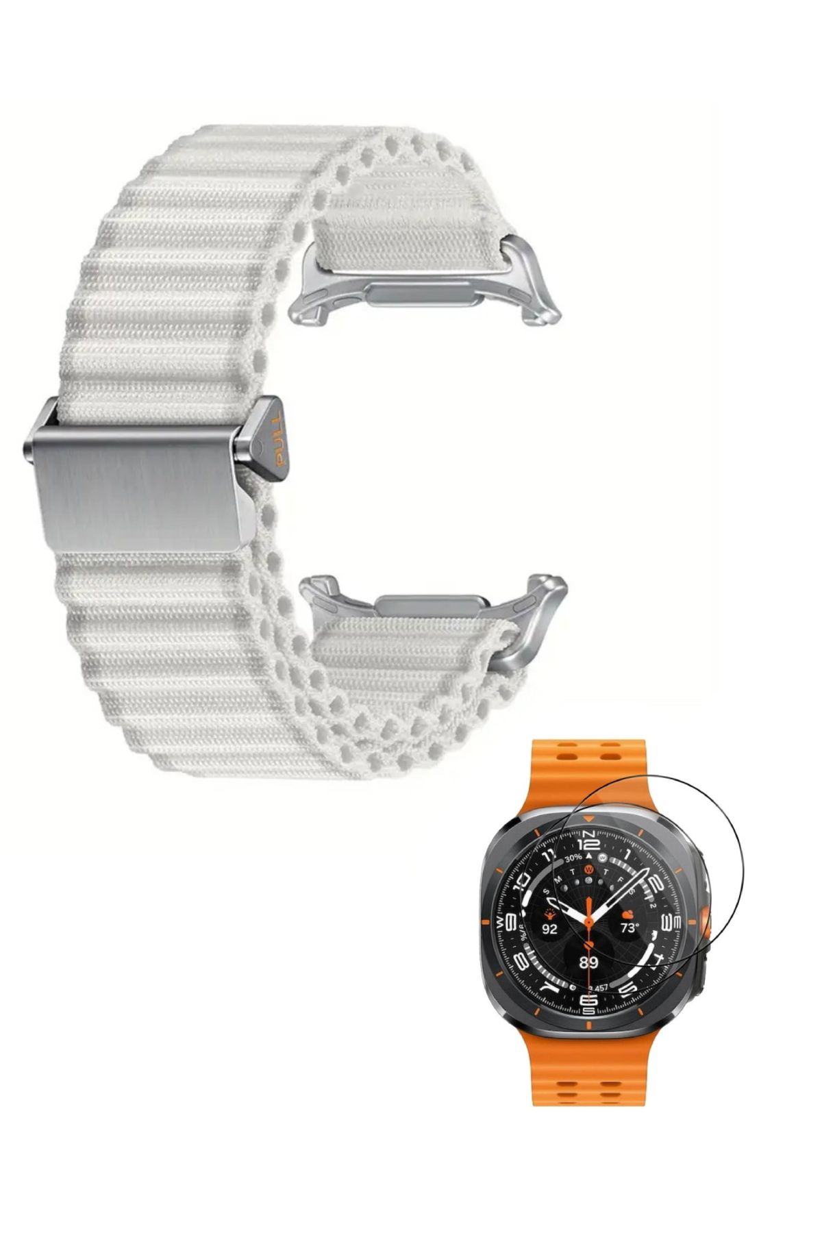 NANOSPACE Samsung Galaxy Watch Ultra İle Uyumlu Kumaş Tokalı Hasır Kordon Kayış Ve 3D Ekran Koruyucu Hediye