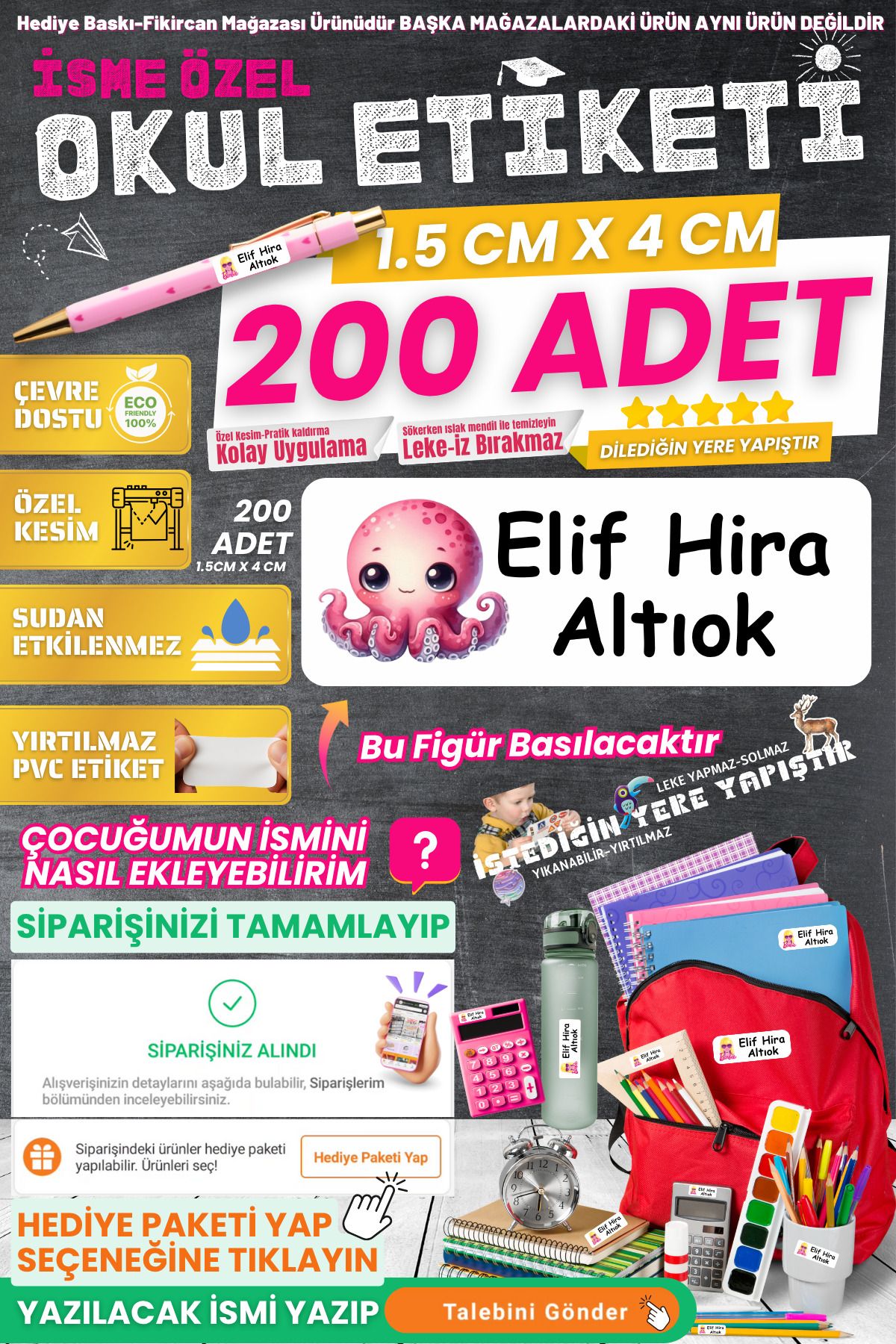 FİKİRCAN Fikircan-İsme Özel Okul Etiketi-SEVİMLİ AHTAPOT 200 Adet - Kokusuz Ekolojik Mürekkep PVC ETİKET