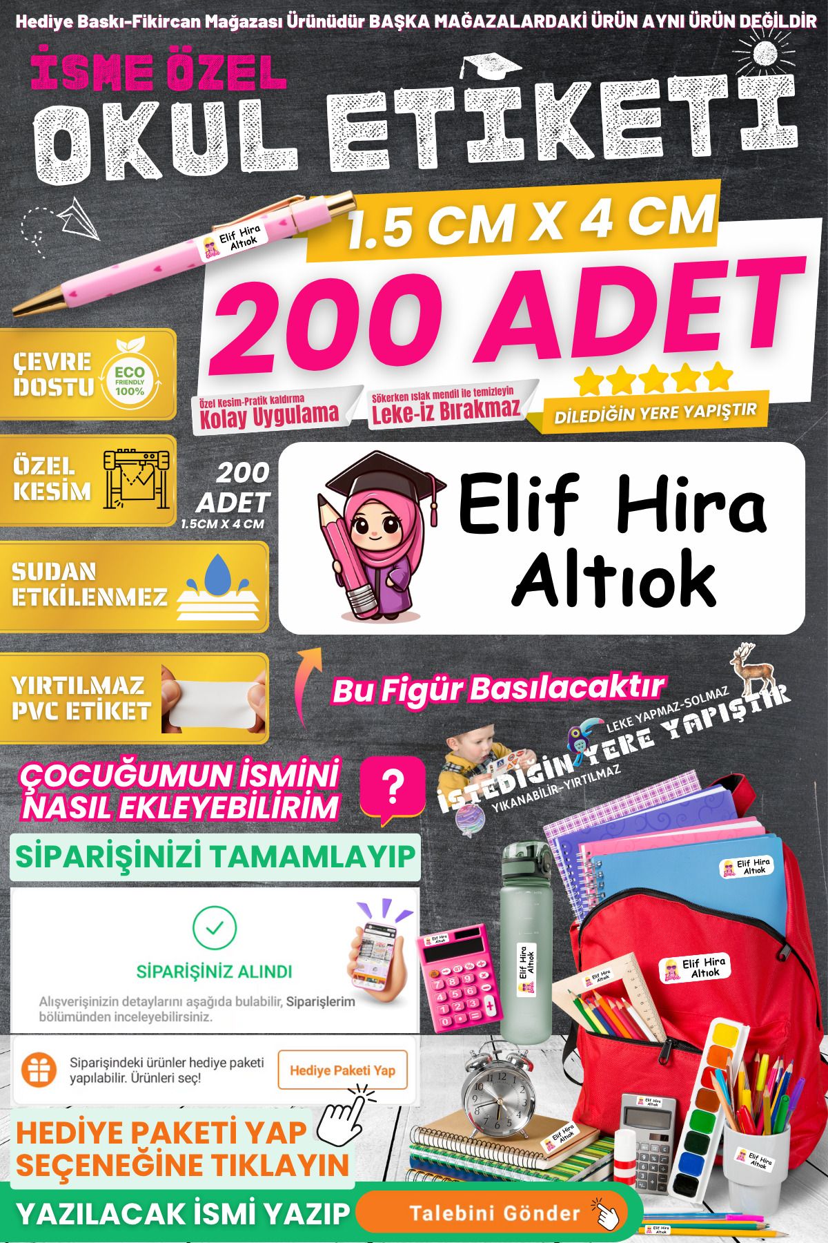 FİKİRCAN Fikircan-İsme Özel Okul Etiketi-MİNİK KIZ 200 Adet - Kokusuz Ekolojik Mürekkep PVC ETİKET