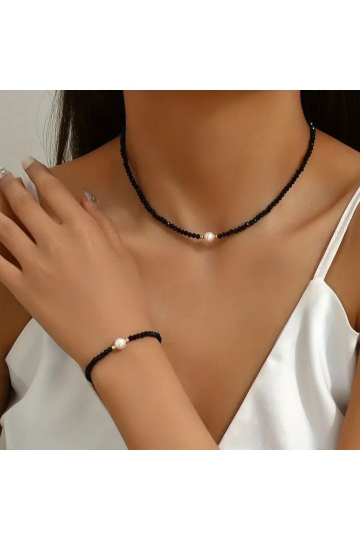 Duayen Design Siyah Kristal boncuklu İnci Detaylı Kadın Kolye Bileklik Seti