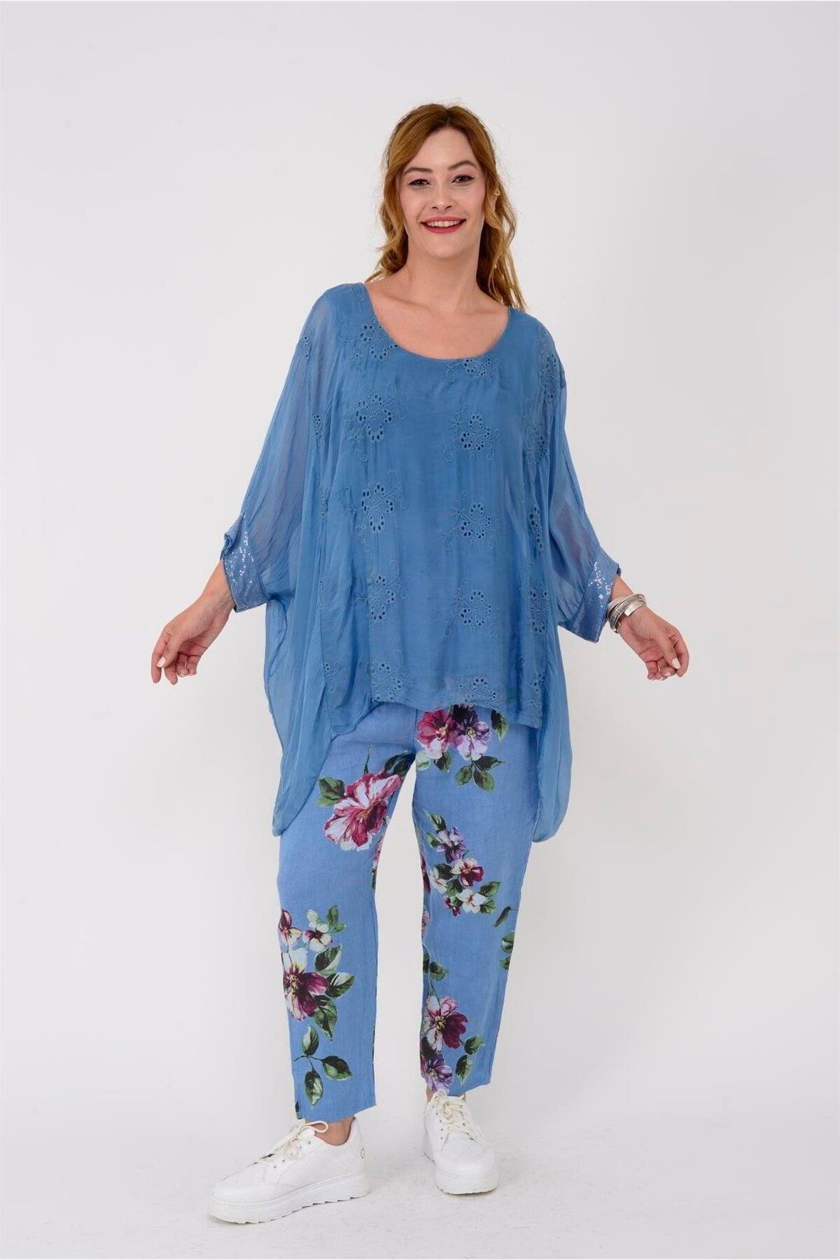 Park Moda 7232 Şakayık Desen Kemerli Keten Pantolon