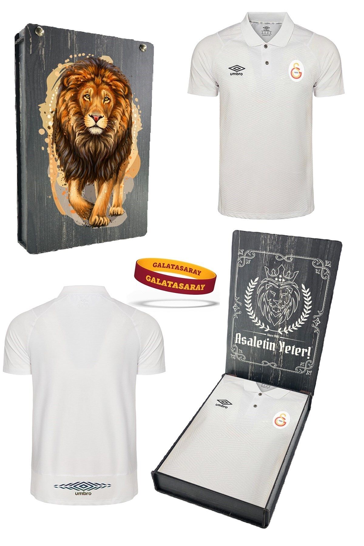Galatasaray Orijinal Lisanslı Polo Yaka Beyaz T-Shirt + Bileklik Set Hediyelik Ahşap Kutulu